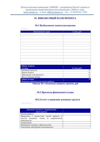 Консалтинговая компания «СИМЭН» - разработка бизнес-планов и 
проведение маркетинговых исследований с 2008-го года. 
www.ciman.ru e-mail: office@ciman.ru тел.: +7 9278 911 528 
10 ФИНАНСОВЫЙ ПЛАН ПРОЕКТА 
10.1 Необходимые капиталовложения 
…….. 
Таблица 10-1. Начальные затраты проекта, руб 
10.2 Прогнозы финансового плана 
10.2.1 отчет о движении денежных средств 
…………. 
Денежные потоки от операционной деятельности 
Чистая прибыль 
Приведение в соответствие чистой прибыли и чистого денежного потока от операционной деятельности: 
Амортизация 
Изменения в активах и обязательствах: 
Увеличение дебиторской задолженности 
Наименование затрат Сумма, руб 
Общие затраты Активы Сумма, руб 
Денежные средства 
0 
Ценные бумаги 
0 
Дебиторская задолженность 
0 
Другие текущие активы 
0 Общие активы 0 Нехватка капитала для начала работы  