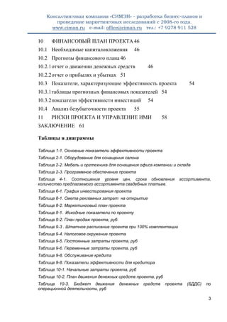 Консалтинговая компания «СИМЭН» - разработка бизнес-планов и 
проведение маркетинговых исследований с 2008-го года. 
www.ciman.ru e-mail: office@ciman.ru тел.: +7 9278 911 528 
3 
10 ФИНАНСОВЫЙ ПЛАН ПРОЕКТА 46 
10.1 Необходимые капиталовложения 46 
10.2 Прогнозы финансового плана 46 
10.2.1 отчет о движении денежных средств 46 
10.2.2 отчет о прибылях и убытках 51 
10.3 Показатели, характеризующие эффективность проекта 54 
10.3.1 таблицы прогнозных финансовых показателей 54 
10.3.2 показатели эффективности инвестиций 54 
10.4 Анализ безубыточности проекта 55 
11 РИСКИ ПРОЕКТА И УПРАВЛЕНИЕ ИМИ 58 
ЗАКЛЮЧЕНИЕ 61 
Таблицы и диаграммы 
Таблица 1-1. Основные показатели эффективности проекта 
Таблица 2-1. Оборудование для оснащения салона 
Таблица 2-2. Мебель и оргтехника для оснащения офиса компании и склада 
Таблица 2-3. Программное обеспечение проекта 
Таблица 4-1. Соотношение уровня цен, срока обновления ассортимента, количество предлагаемого ассортимента свадебных платьев. 
Таблица 6-1. График инвестирования проекта 
Таблица 8-1. Смета рекламных затрат на открытие 
Таблица 8-2. Маркетинговый план проекта 
Таблица 9-1. Исходные показатели по проекту 
Таблица 9-2. План продаж проекта, руб 
Таблица 9-3 . Штатное расписание проекта при 100% комплектации 
Таблица 9-4. Налоговое окружение проекта 
Таблица 9-5. Постоянные затраты проекта, руб 
Таблица 9-6. Переменные затраты проекта, руб 
Таблица 9-8. Обслуживание кредита 
Таблица 9-8. Показатели эффективности для кредитора 
Таблица 10-1. Начальные затраты проекта, руб 
Таблица 10-2. План движения денежных средств проекта, руб 
Таблица 10-3. Бюджет движения денежных средств проекта (БДДС) по операционной деятельности, руб  