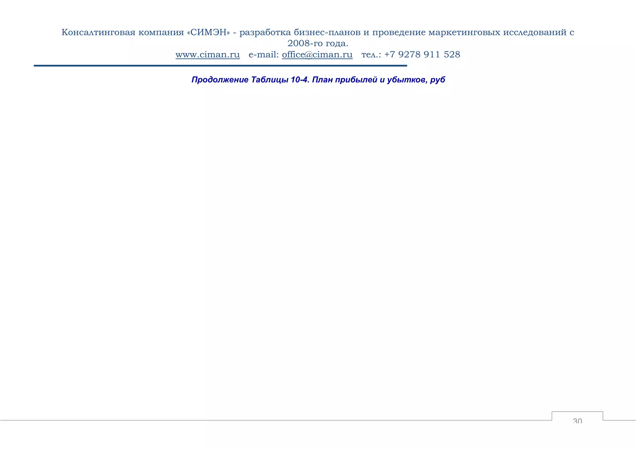 Консалтинговая компания «СИМЭН» - разработка бизнес-планов и проведение маркетинговых исследований с 
2008-го года. 
www.ciman.ru e-mail: office@ciman.ru тел.: +7 9278 911 528 
30 
Продолжение Таблицы 10-4. План прибылей и убытков, руб  