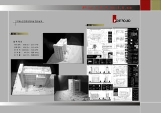 PORTFOLIO 
하계노인전문요양시설 현상설계 
판 넬 
모 형 
대지 면적 : 808.70㎡ (244.63평) 
건축 면적 : 402.15㎡ (121.65평) 
연 면 적 : 2,530.46㎡ (765.46평) 
건 폐 율 : 49.73% (법정 50%) 
용 적 률 : 243.79% (법정250%) 
설 계 개 요  
