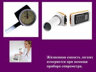 Жизненная емкость легких 
измеряется при помощи 
прибора спирометра. 
 