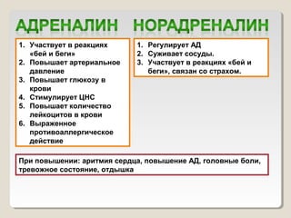 1. Участвует в реакциях 
«бей и беги» 
2. Повышает артериальное 
давление 
3. Повышает глюкозу в 
крови 
4. Стимулирует ЦНС 
5. Повышает количество 
лейкоцитов в крови 
6. Выраженное 
противоаллергическое 
действие 
1. Регулирует АД 
2. Суживает сосуды. 
3. Участвует в реакциях «бей и 
беги», связан со страхом. 
При повышении: аритмия сердца, повышение АД, головные боли, 
тревожное состояние, отдышка 
 