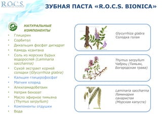 ЗУБНАЯ ПАСТА «R.O.C.S. BIONICA» 
НАТУРАЛЬНЫЕ 
КОМПОНЕНТЫ 
• Глицерин 
• Сорбитол 
• Дикальция фосфат дигидрат 
• Камедь ксантана 
• Соль из морских бурых 
водорослей (Laminaria 
saccharina) 
• Сухой экстракт корней 
солодки (Glycyrrhiza glаbra) 
• Кальция глицерофосфат 
• Магния хлорид 
• Алкиламидобетаин 
• Натрия бензоат 
• Масло эфирное тимьяна 
(Thymus serpyllum) 
• Компоненты отдушки 
• Вода 
Glycyrrhiza glаbra 
Солодка голая 
Thymus serpyllum 
Чабрец (Тимьян, 
Богородская трава) 
Laminaria saccharina 
Ламинария 
сахаристая 
(Морская капуста) 
 