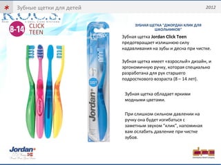 * 
Зубные щетки для детей 2012 
Зубная щетка Jordan Click Teen 
предотвращает излишнюю силу 
надавливания на зубы и десна при чистке. 
Зубная щетка имеет «взрослый» дизайн, и 
эргономичную ручку, которая специально 
разработана для рук старшего 
подросткового возраста (8 – 14 лет). 
Зубная щетка обладает яркими 
модными цветами. 
При слишком сильном давлении на 
ручку она будет изгибаться с 
заметным звуком "клик", напоминая 
вам ослабить давление при чистке 
зубов. 
CLICK 
TEEN 
ЗУБНАЯ ЩЕТКА "ДЖОРДАН КЛИК ДЛЯ 
ШКОЛЬНИКОВ" 
 