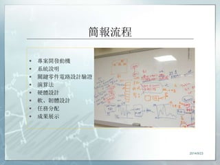 簡報流程 
 專案開發動機 
 系統說明 
 關鍵零件電路設計驗證 
 演算法 
 硬體設計 
 軟、韌體設計 
 任務分配 
 成果展示 
2014/9/23 
 