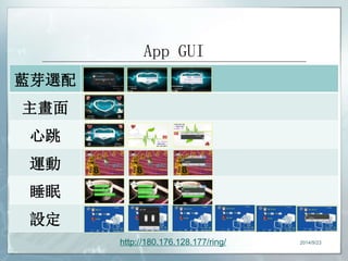 App GUI 
藍芽選配 
主畫面 
心跳 
運動 
睡眠 
設定 
http://180.176.128.177/ring/ 2014/9/23 
 
