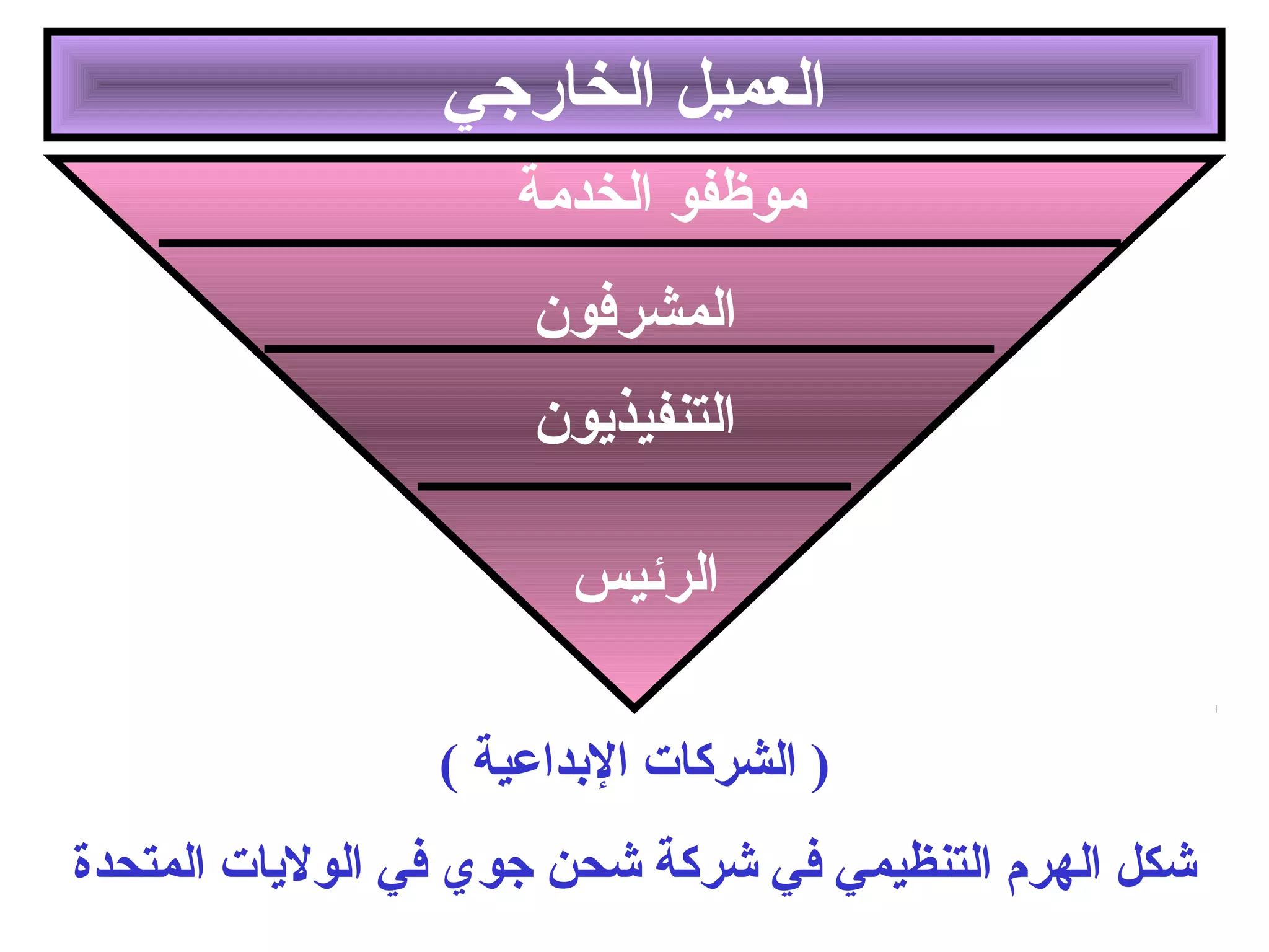 العميل الخارجي 
موظفو الخدمة 
المشرفون 
التنفيذيون 
الرئيس 
( الشركات البدداعية ) 
الرئيس العام 
شكل الهرم التنظيمي في شركة شحن جوي في الوليات المتحدة 
 