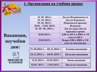 22. 09. 2014 г. Ден на Независимостта 
22. 10. 2014 г. Ден на Кърджали 
03. 03. 2015 г. Национален празник 
10.04. - 13.04. 2015г. Великден 
01. 05. -06. 2015 г. Ден на труда Ден на 
народната армия 
20.05.2015 г. ДЗИ по БЕЛ и НВО в VІІ 
клас по БЕЛ 
22.05.2015 г. Втори ДЗИ и НВО в VІІ 
клас по математика 
31.10.2014 г. – 02.11.2014 г Есенна ваканция 
24.12.2014 г. – 04.01.2015 г Коледна ваканция 
31.01.2015 г. – 03.02.2015 г Зимна ваканция 
02.04. 2015 г. – 13.04.2015 г. Пролетна ваканция 
Ваканции, 
неучебни 
дни: 
 