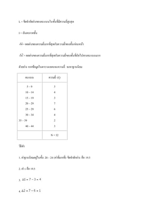 L = ขีดจา กดัลา่งของคะแนนในชั้นที่มีความถี่สูงสุด 
I = อันตรภาคชั้น 
= ผลตา่งของความถี่มากที่สุดกับความถี่ของชั้นกอ่นหน้า 
= ผลตา่งของความถี่มากที่สุดกับความถี่ของชั้นที่ถัดไปทางคะแนนมาก 
ตัวอยา่ง จากข้อมูลในตารางแจกแจงความถี่ จงหาฐานนิยม 
คะแนน ความถี่ (fi) 
5 – 9 
10 – 14 
15 – 19 
20 – 29 
25 – 29 
30 – 34 
35 – 39 
40 – 44 
3 
4 
3 
7 
6 
4 
2 
3 
N = 32 
วิธีทา 
1. คา่ฐานนิยมอยูใ่นชั้น 20 – 24 (คา่ที่มากที่) ขีดจา ดักลา่ง คือ 19.5 
2. คา่ i คือ 19.5 
3. 
4. 
 