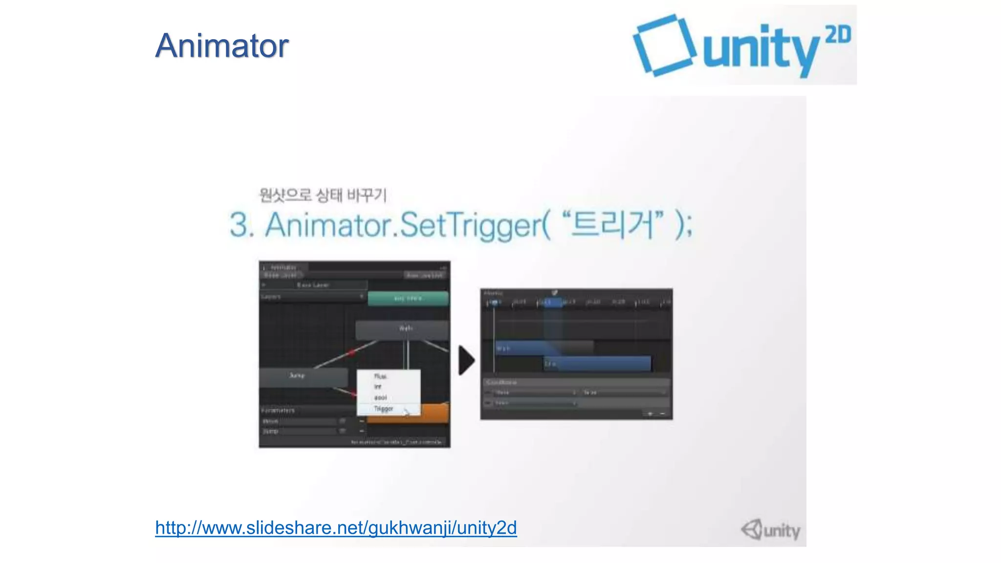 Animator 
http://www.slideshare.net/gukhwanji/unity2d 
 