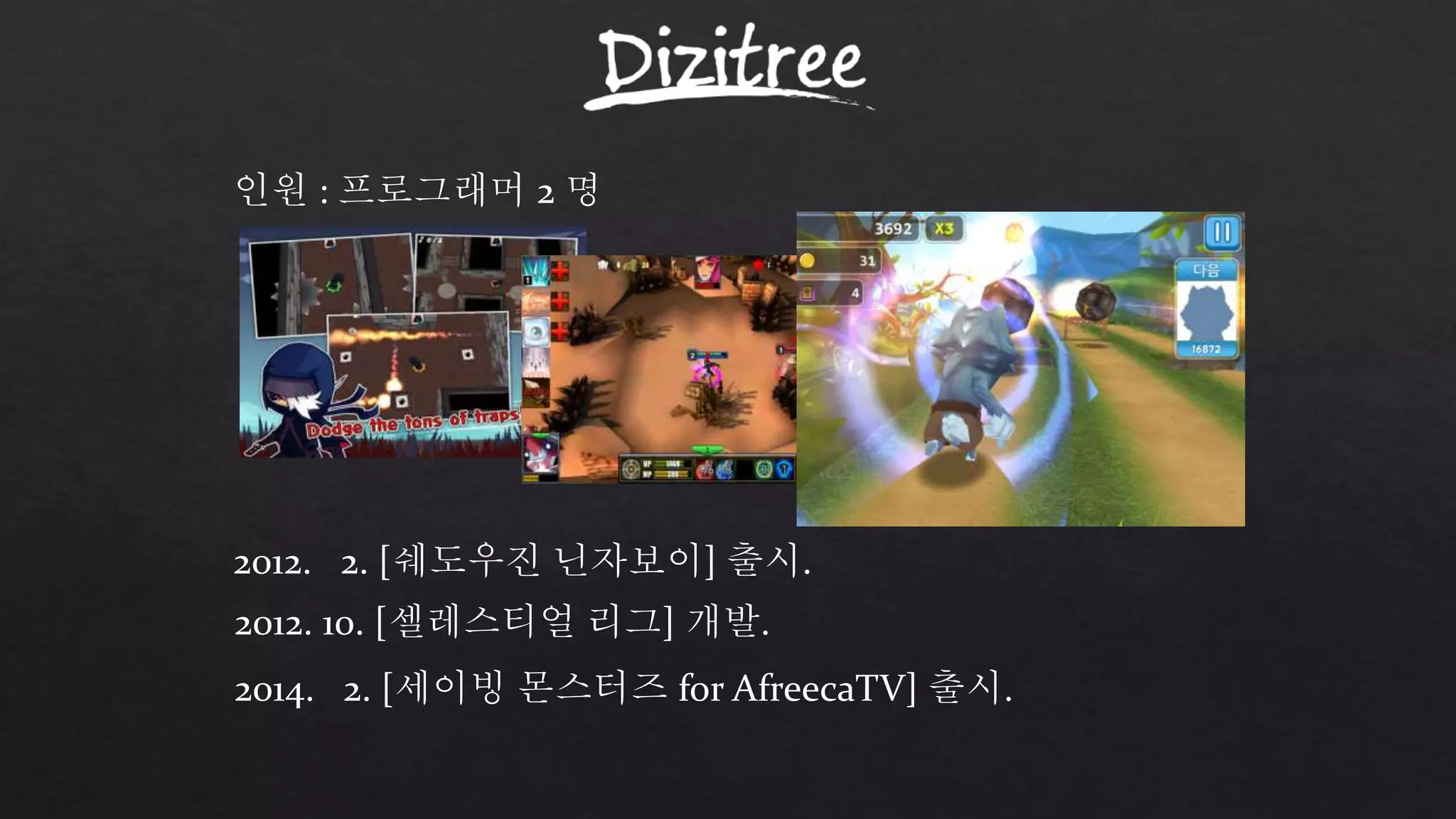 인원 : 프로그래머 2 명 
2012. 2. [쉐도우진 닌자보이] 출시. 
2012. 10. [셀레스티얼 리그] 개발. 
2014. 2. [세이빙 몬스터즈 for AfreecaTV] 출시. 
 