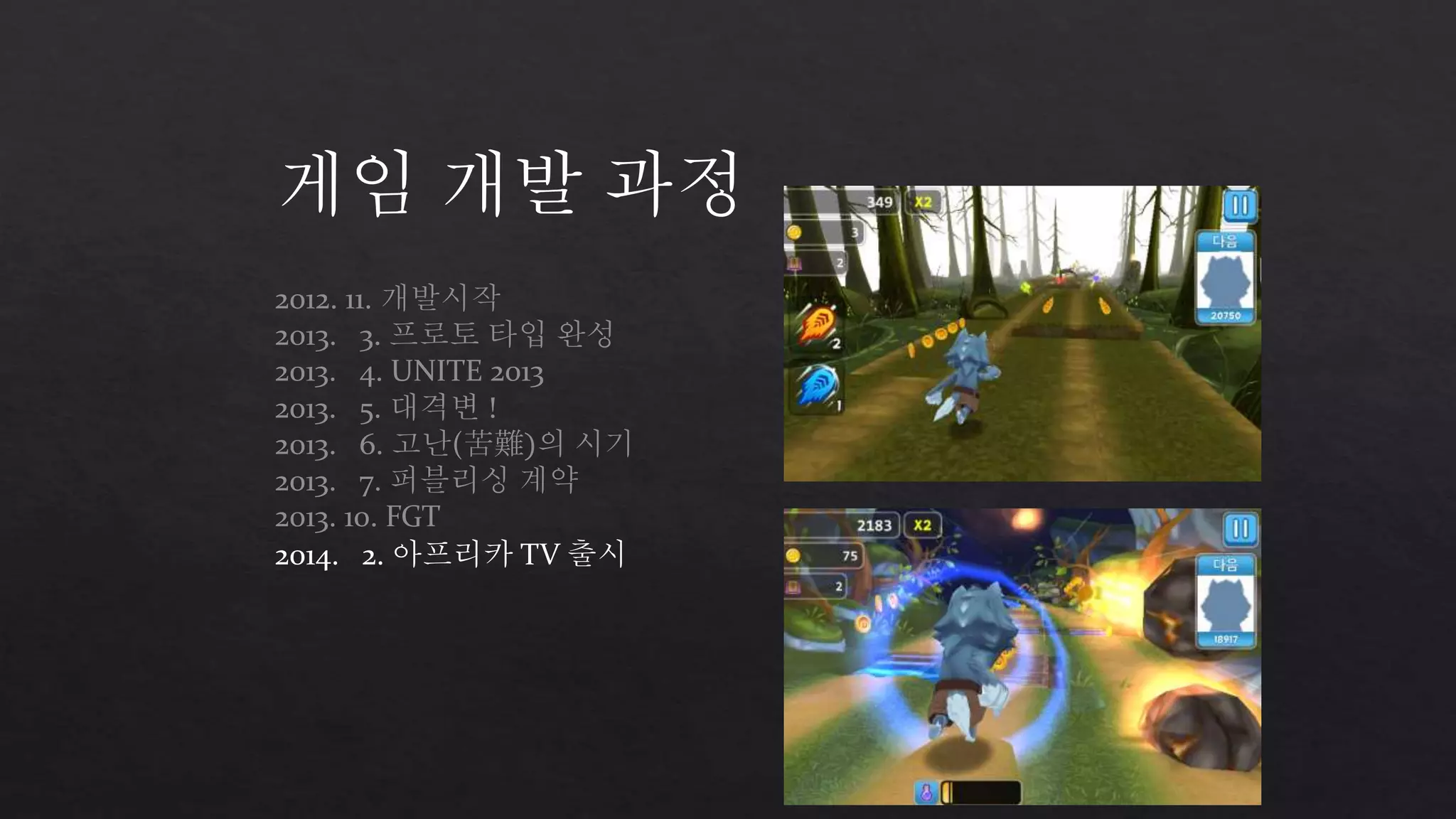 게임 개발 과정 
2012. 11. 개발시작 
2013. 3. 프로토 타입 완성 
2013. 4. UNITE 2013 
2013. 5. 대격변 ! 
2013. 6. 고난(苦難)의 시기 
2013. 7. 퍼블리싱 계약 
2013. 10. FGT 
2014. 2. 아프리카 TV 출시 
 