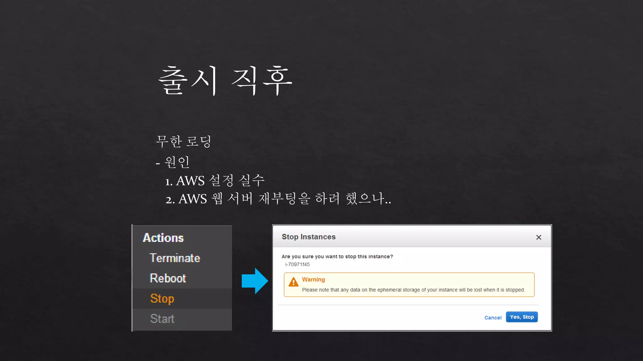 출시 직후 
무한 로딩 
- 원인 
1. AWS 설정 실수 
2. AWS 웹 서버 재부팅을 하려 했으나.. 
 