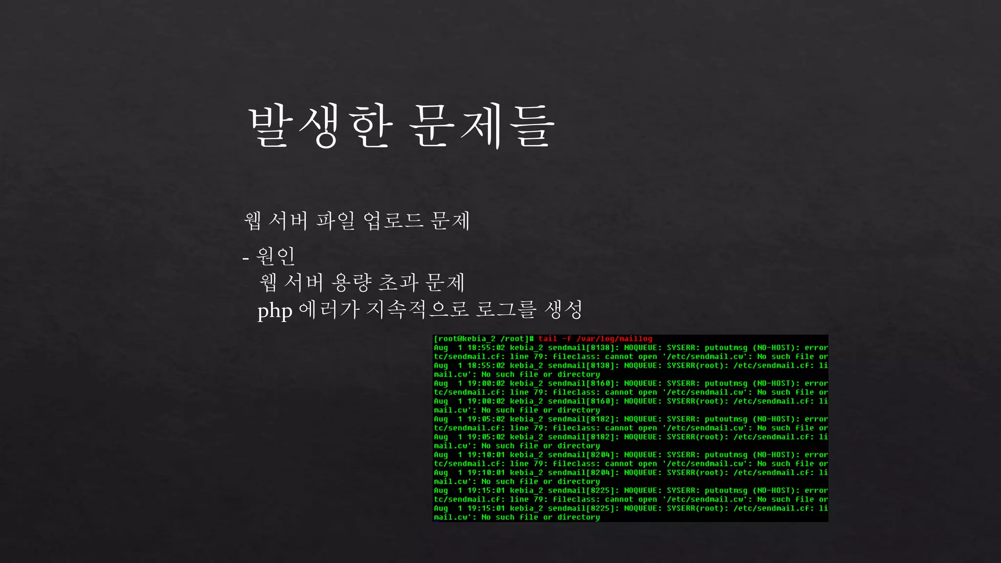 발생한 문제들 
웹 서버 파일 업로드 문제 
- 원인 
웹 서버 용량 초과 문제 
php 에러가 지속적으로 로그를 생성 
 