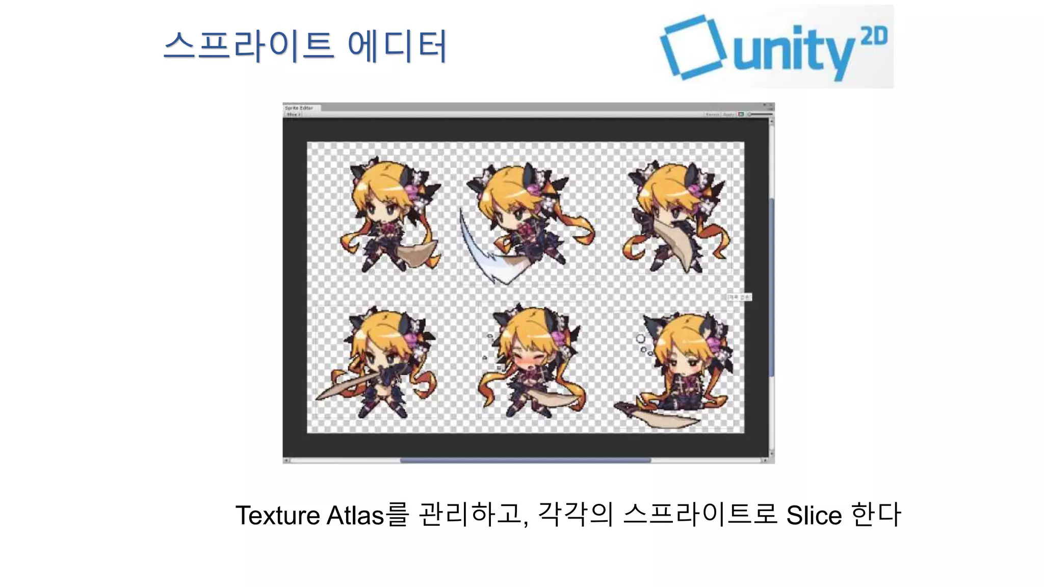 스프라이트 에디터 
Texture Atlas를 관리하고, 각각의 스프라이트로 Slice 한다 
 