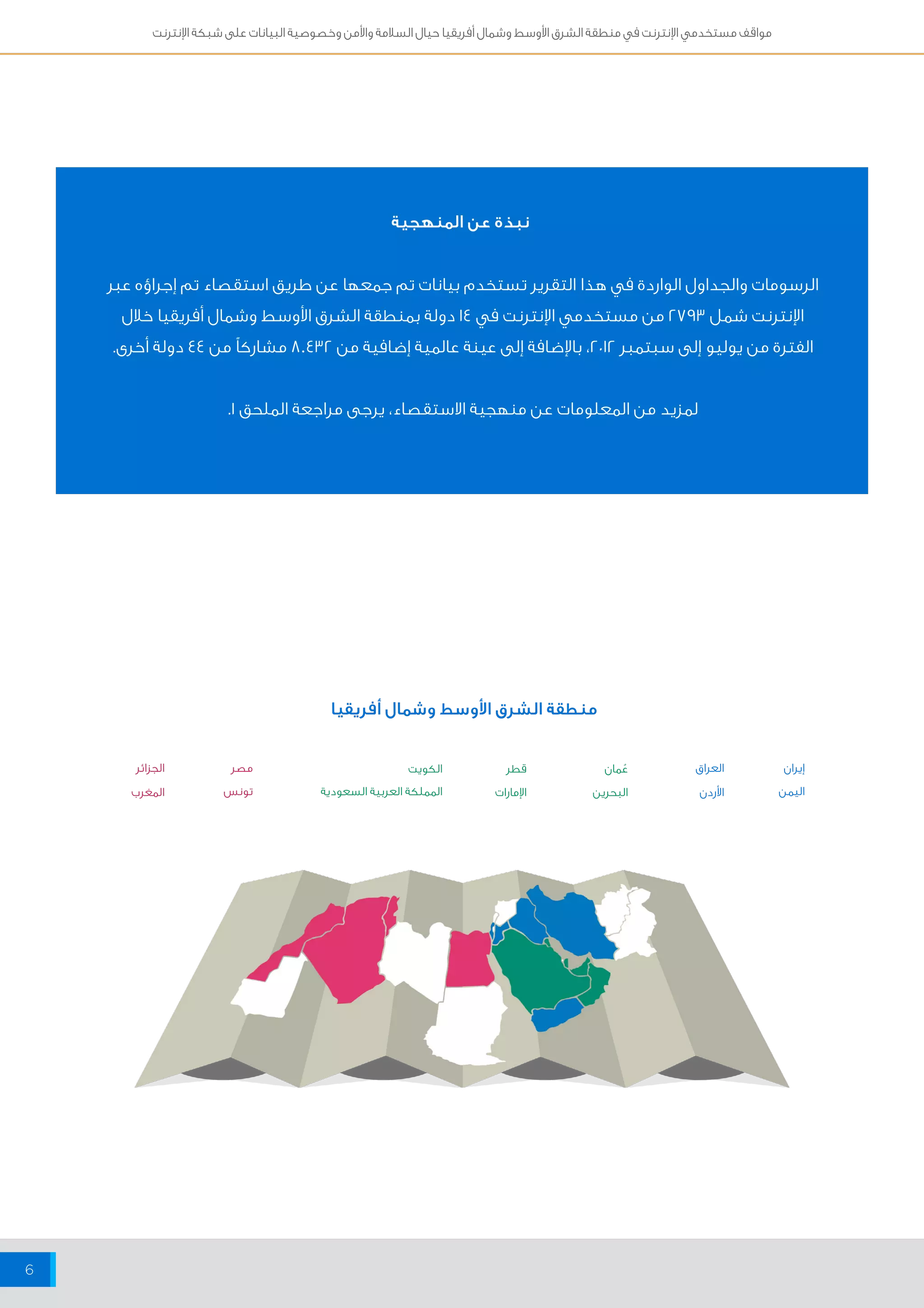 مواقف مستخدمي الإنترنت في منطقة الشرق الأوسط وشمال أفريقيا حيال السلامة والأمن وخصوصية البيانات على شبكة الإنترنت 
6 
نبذة عن المنهجية 
الرسومات والجداول الواردة في هذا التقرير تستخدم بيانات تم جمعها عن طريق استقصاء تم إجراؤه عبر 
الإنترنت شمل 2793 من مستخدمي الإنترنت في 14 دولة بمنطقة الشرق الأوسط وشمال أفريقيا خلال 
الفترة من يوليو إلى سبتمبر 2012 ، بالإضافة إلى عينة عالمية إضافية من 8.432 مشاركاً من 44 دولة أخرى. 
لمزيد من المعلومات عن منهجية الاستقصاء، يرجى مراجعة الملحق 1. 
منطقة الشرق الأوسط وشمال أفريقيا 
البحرين 
إيران العراق 
اليمن الأردن 
عُمان قطر 
الإمارات 
الكويت 
المملكة العربية السعودية 
الجزائر 
مصر 
تونس المغرب 
 