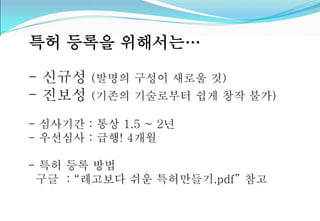 특허 등록을 위해서는… 
- 신규성 (발명의 구성이 새로울 것) 
- 진보성 (기존의 기술로부터 쉽게 창작 불가) 
- 심사기간 : 통상 1.5 ~ 2년 
- 우선심사 : 급행! 4개월 
- 특허 등록 방법 
구글 : “레고보다 쉬운 특허만들기.pdf” 참고 
 