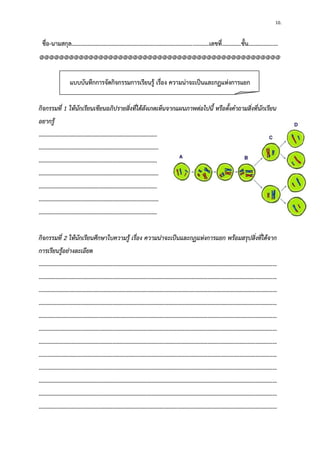 10. 
ชื่อ-นามสกุล.............................................................................................เลขที่.............ชั้น.................... 
@@@@@@@@@@@@@@@@@@@@@@@@@@@@@@@@@@@@@@@@@@@@@@@@@ 
แบบบันทึกการจัดกิจกรรมการเรียนรู้ เรื่อง ความน่าจะเป็นและกฏแห่งการแยก 
กิจกรรมที่ 1 ให้นักเรียนเขียนอภิปรายสิ่งทื่ได้สังเกตเห็นจากแผนภาพต่อไปนี้ หรือตั้งคาถามสิ่งที่นักเรียน อยากรู้ 
………………………………………………………………………. 
……………………………………………………………………….. 
………………………………………………………………………. 
……………………………………………………………………….. 
………………………………………………………………………. 
……………………………………………………………………….. 
………………………………………………………………………. 
กิจกรรมที่ 2 ให้นักเรียนศึกษาใบความรู้ เรื่อง ความน่าจะเป็นและกฏแห่งการแยก พร้อมสรุปสิ่งที่ได้จาก การเรียนรู้อย่างละเอียด 
………………………………………………………………………………………………………………………………………………… 
………………………………………………………………………………………………………………………………………………… 
………………………………………………………………………………………………………………………………………………… 
………………………………………………………………………………………………………………………………………………… 
………………………………………………………………………………………………………………………………………………… 
………………………………………………………………………………………………………………………………………………… 
………………………………………………………………………………………………………………………………………………… 
………………………………………………………………………………………………………………………………………………… 
………………………………………………………………………………………………………………………………………………… 
………………………………………………………………………………………………………………………………………………… 
………………………………………………………………………………………………………………………………………………… 
…………………………………………………………………………………………………………………………………………………  
