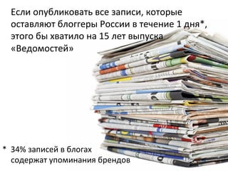 Если 
опубликовать 
все 
записи, 
которые 
оставляют 
блоггеры 
России 
в 
течение 
1 
дня*, 
этого 
бы 
хватило 
на 
15 
лет 
выпуска 
«Ведомостей» 
* 
34% 
записей 
в 
блогах 
содержат 
упоминания 
брендов 
 