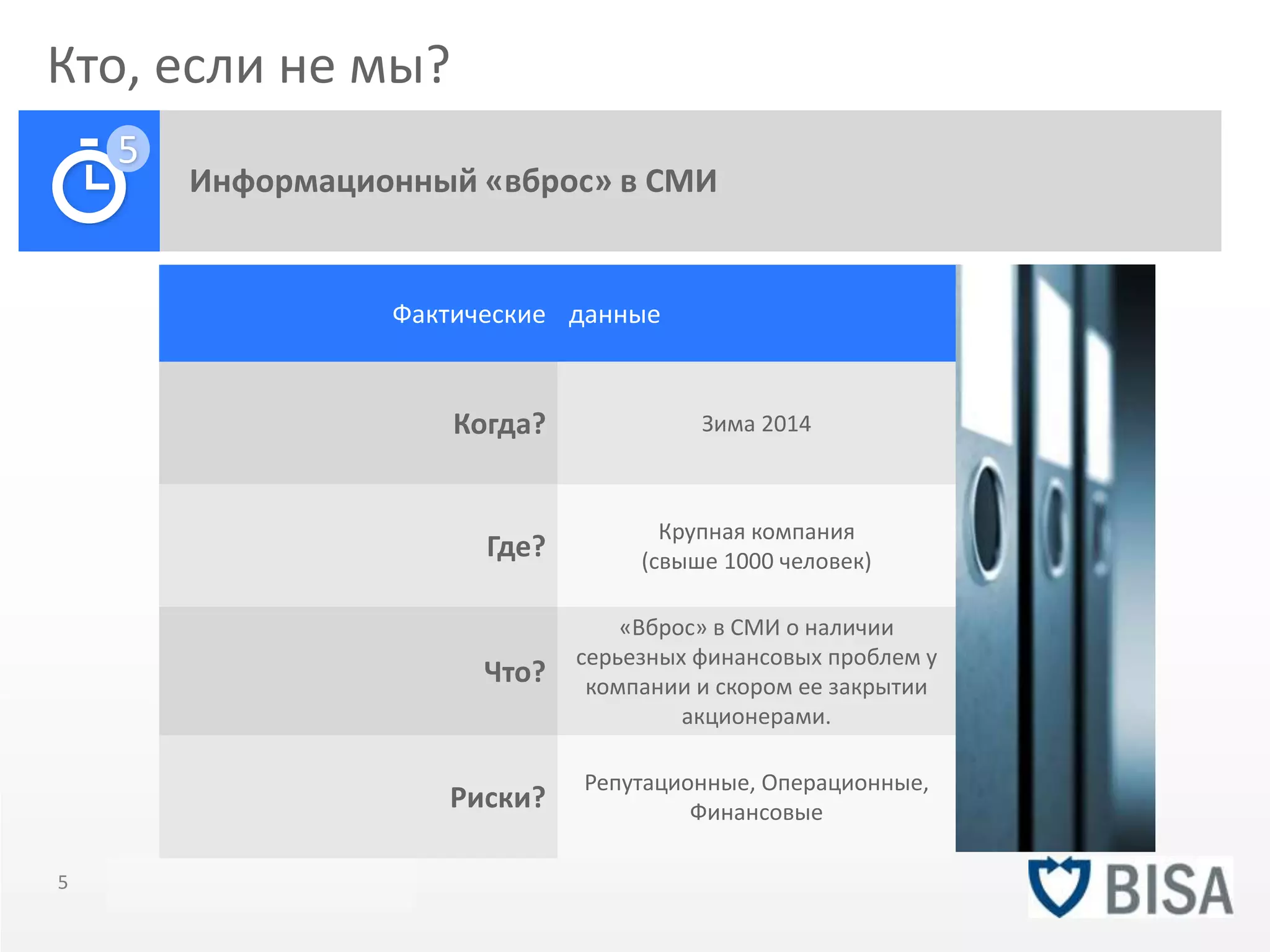 Кто, если не мы? 
Информационный «вброс» в СМИ 
5 
Фактические данные 
Когда? Зима 2014 
Где? Крупная компания 
(свыше 1000 человек) 
Что? 
«Вброс» в СМИ о наличии 
серьезных финансовых проблем у 
компании и скором ее закрытии 
акционерами. 
Риски? Репутационные, Операционные, 
Финансовые 
5 Title of presentation YOU R LO G O 
 