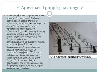 Η Αμυντικές Γραμμές των τειχών 
 Η τάφρος (I) ήταν η πρώτη αμυντική 
γραμμή. Είχε περίπου 10 μέτρα 
βάθος και 19 μέτρα πλάτος. Ο 
εξωτερικός περίβολος (II) παρείχε την 
δυνατότητα στον στρατό να 
προστατεύει την τάφρο. Το 
εξωτερικό Τείχος (III) ήταν η δεύτερη 
αμυντική γραμμή και διέθετε 92 
μισοστρόγγυλους πύργους (2). Το 
Τείχος αυτό δεν ήταν 
κατασκευασμένο με συμπαγές τρόπο, 
μα περιλάμβανε θολωτά 
διαμερίσματα (1) που επέτρεπαν 
μεγάλη ευελιξία κινήσεων. Ο 
εσωτερικός περίβολος (IV) ήταν ο 
ενδιάμεσος χώρος και συνέχιζε η 
τρίτη αμυντική γραμμή, το μέγα 
Τείχος (V). Το μεγάλο Τείχος 
περιλάμβανε 96 τετραγωνικούς και 
διώροφους πύργους, οι οποίοι ήταν 
ανεξάρτητα χτισμένοι. 
 