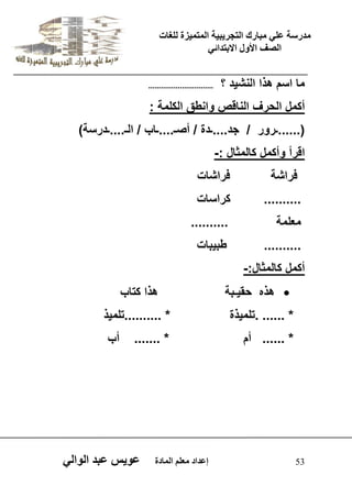 يدزظح ػه يثازك انرجس ثٍ حَ ان رً صًَج نهغاخ 
انصف الأول الاتردائ 53 إػداد يؼهى ان اًدج ػو طٍ ػثد انوان ما اسم هذا النش دٌ ؟ ............................... 
أكمل الحرف الناقص وانطق الكلمة : 
)......ـرور / جد....ـدة / أصـ....ـاب / الـ....ـدرسة( 
اقرأ وأكمل كالمثال :- 
فراشة فراشات 
.......... كراسات 
معلمة .......... 
.......... طب بٌات 
أكمل كالمثال:- 
 هذه حق ـٌبة هذا كتاب 
* ...... .تلم ذٌة * ..........تلم ذٌ 
* ...... أم * ....... أب 
 