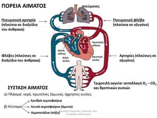 Αριστερός 
κόλπος 
Αριστερή 
κοιλία 
Δεξιός 
κόλπος 
Δεξιά 
κοιλία 
Αρτηρίες (πλούσιες σε 
οξυγόνο) 
Φλέβες (πλούσιες σε 
διοξείδιο του άνθρακα) 
πνεύμονες 
Πνευμονική αρτηρία 
(πλούσια σε διοξείδιο 
του άνθρακα) 
Πνευμονική φλέβα 
(πλούσια σε οξυγόνο) 
ΠΟΡΕΙΑ ΑΙΜΑΤΟΣ 
Τριχοειδή αγγεία: ανταλλαγή Ο2 – CO2 
ΣΥΣΤΑΣΗ ΑΙΜΑΤΟΣ και θρεπτικών ουσιών 
α) Πλάσμα: νερό, πρωτεΐνες (άμυνα), άχρηστες ουσίες 
β) Κύτταρα 
Ερυθρά αιμοσφαίρια 
Λευκά αιμοσφαίρια (άμυνα) 
Αιμοπετάλια (πήξη)Δημήτρης Καρατζάς, Βιολόγος, Msc, 
Υποψήφιος Διδάκτορας 
 