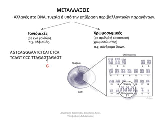 ΜΕΤΑΛΛΑΞΕΙΣ 
Αλλαγές στο DNA, τυχαία ή υπό την επίδραση περιβαλλοντικών παραγόντων. 
Γονιδιακές 
(σε ένα γονίδιο) 
Χρωμοσωμικές 
(σε αριθμό ή κατασκευή 
π.χ. αλφισμός. χρωμοσώματος) 
π.χ. σύνδρομο Down. 
AGTCAGGGAATCTCATCTCA 
TCAGT CCC TTAGAGTAGAGT 
G 
Δημήτρης Καρατζάς, Βιολόγος, MSc, 
Υποψήφιος Διδάκτορας 

