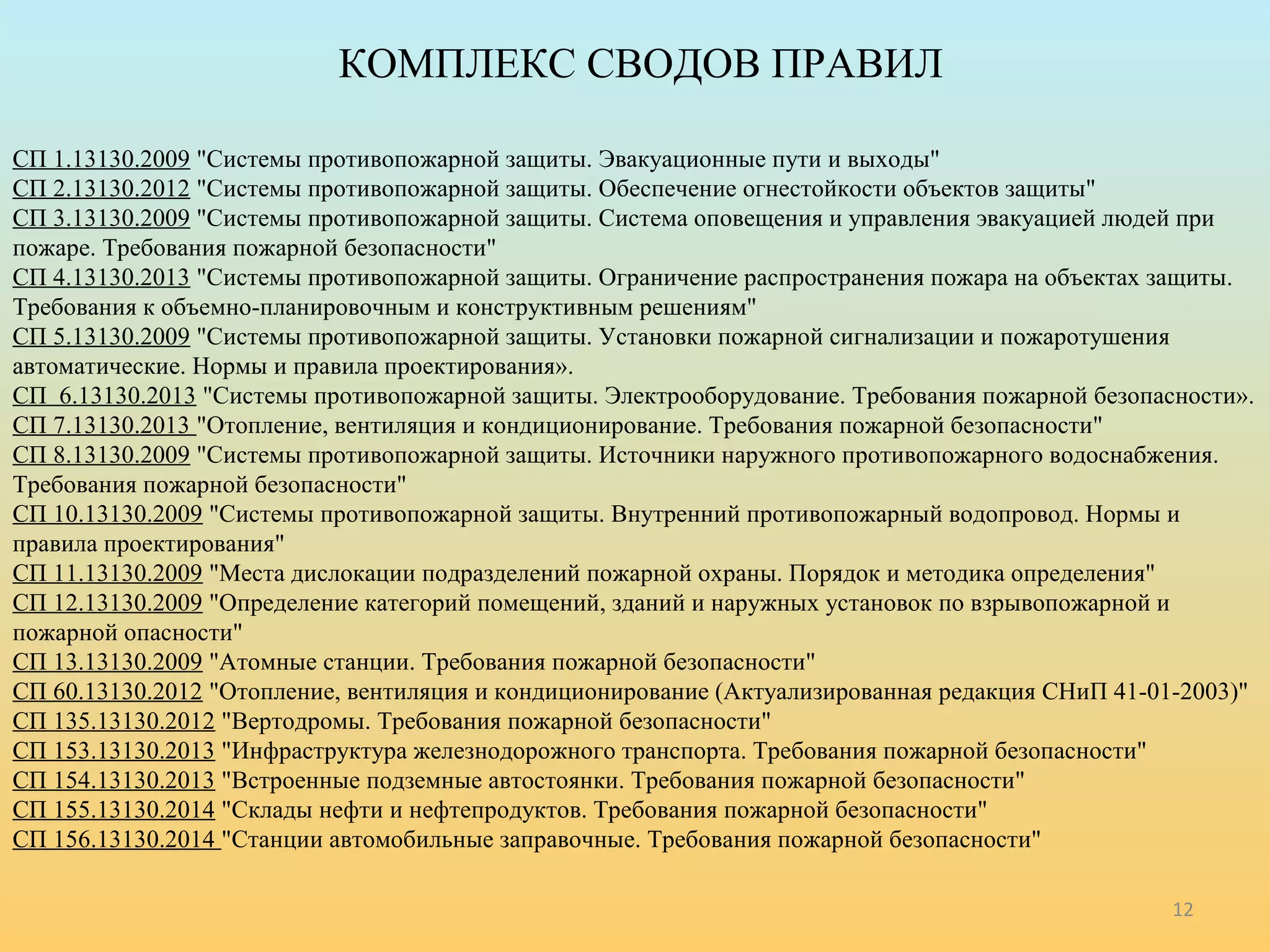 КОМПЛЕКС СВОДОВ ПРАВИЛ 
СП 1.13130.2009 "Системы противопожарной защиты. Эвакуационные пути и выходы" 
СП 2.13130.2012 "Системы противопожарной защиты. Обеспечение огнестойкости объектов защиты" 
СП 3.13130.2009 "Системы противопожарной защиты. Система оповещения и управления эвакуацией людей при 
пожаре. Требования пожарной безопасности" 
СП 4.13130.2013 "Системы противопожарной защиты. Ограничение распространения пожара на объектах защиты. 
Требования к объемно-планировочным и конструктивным решениям" 
СП 5.13130.2009 "Системы противопожарной защиты. Установки пожарной сигнализации и пожаротушения 
автоматические. Нормы и правила проектирования». 
СП 6.13130.2013 "Системы противопожарной защиты. Электрооборудование. Требования пожарной безопасности». 
СП 7.13130.2013 "Отопление, вентиляция и кондиционирование. Требования пожарной безопасности" 
СП 8.13130.2009 "Системы противопожарной защиты. Источники наружного противопожарного водоснабжения. 
Требования пожарной безопасности" 
СП 10.13130.2009 "Системы противопожарной защиты. Внутренний противопожарный водопровод. Нормы и 
правила проектирования" 
СП 11.13130.2009 "Места дислокации подразделений пожарной охраны. Порядок и методика определения" 
СП 12.13130.2009 "Определение категорий помещений, зданий и наружных установок по взрывопожарной и 
пожарной опасности" 
СП 13.13130.2009 "Атомные станции. Требования пожарной безопасности" 
СП 60.13130.2012 "Отопление, вентиляция и кондиционирование (Актуализированная редакция СНиП 41-01-2003)" 
СП 135.13130.2012 "Вертодромы. Требования пожарной безопасности" 
СП 153.13130.2013 "Инфраструктура железнодорожного транспорта. Требования пожарной безопасности" 
СП 154.13130.2013 "Встроенные подземные автостоянки. Требования пожарной безопасности" 
СП 155.13130.2014 "Склады нефти и нефтепродуктов. Требования пожарной безопасности" 
СП 156.13130.2014 "Станции автомобильные заправочные. Требования пожарной безопасности" 
12 
 