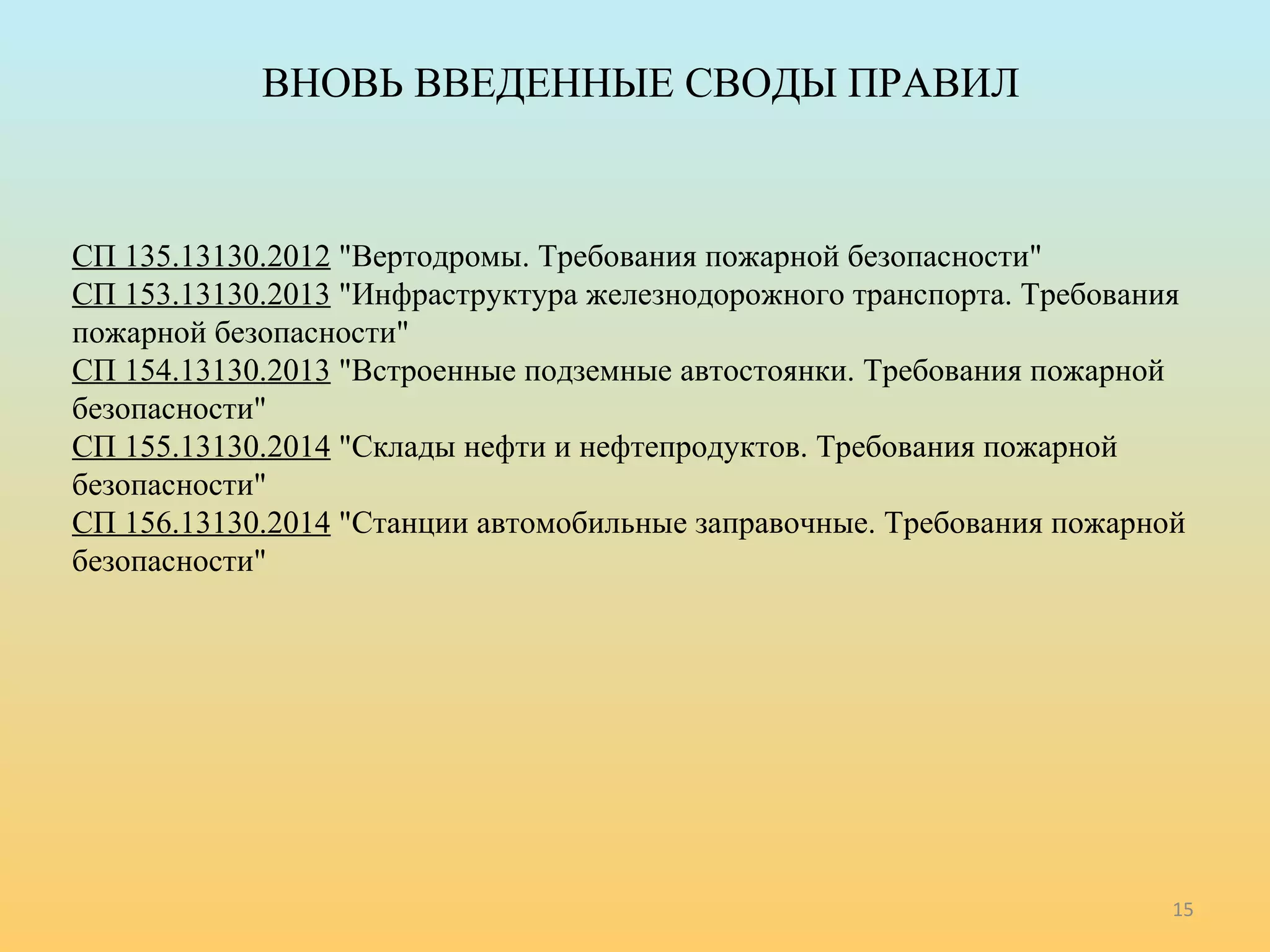 ВНОВЬ ВВЕДЕННЫЕ СВОДЫ ПРАВИЛ 
СП 135.13130.2012 "Вертодромы. Требования пожарной безопасности" 
СП 153.13130.2013 "Инфраструктура железнодорожного транспорта. Требования 
пожарной безопасности" 
СП 154.13130.2013 "Встроенные подземные автостоянки. Требования пожарной 
безопасности" 
СП 155.13130.2014 "Склады нефти и нефтепродуктов. Требования пожарной 
безопасности" 
СП 156.13130.2014 "Станции автомобильные заправочные. Требования пожарной 
безопасности" 
15 
 