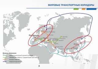 8 
МИРОВЫЕ ТРАНСПОРТНЫЕ КОРИДОРЫ 
Условные обозначения: 
Трансконтинентальный грузовой коллектор 
ТРАСЕКА (связь Европы с Средней Азией через Кавказ) 
Коридор Север-Юг 
Северный морской путь 
 