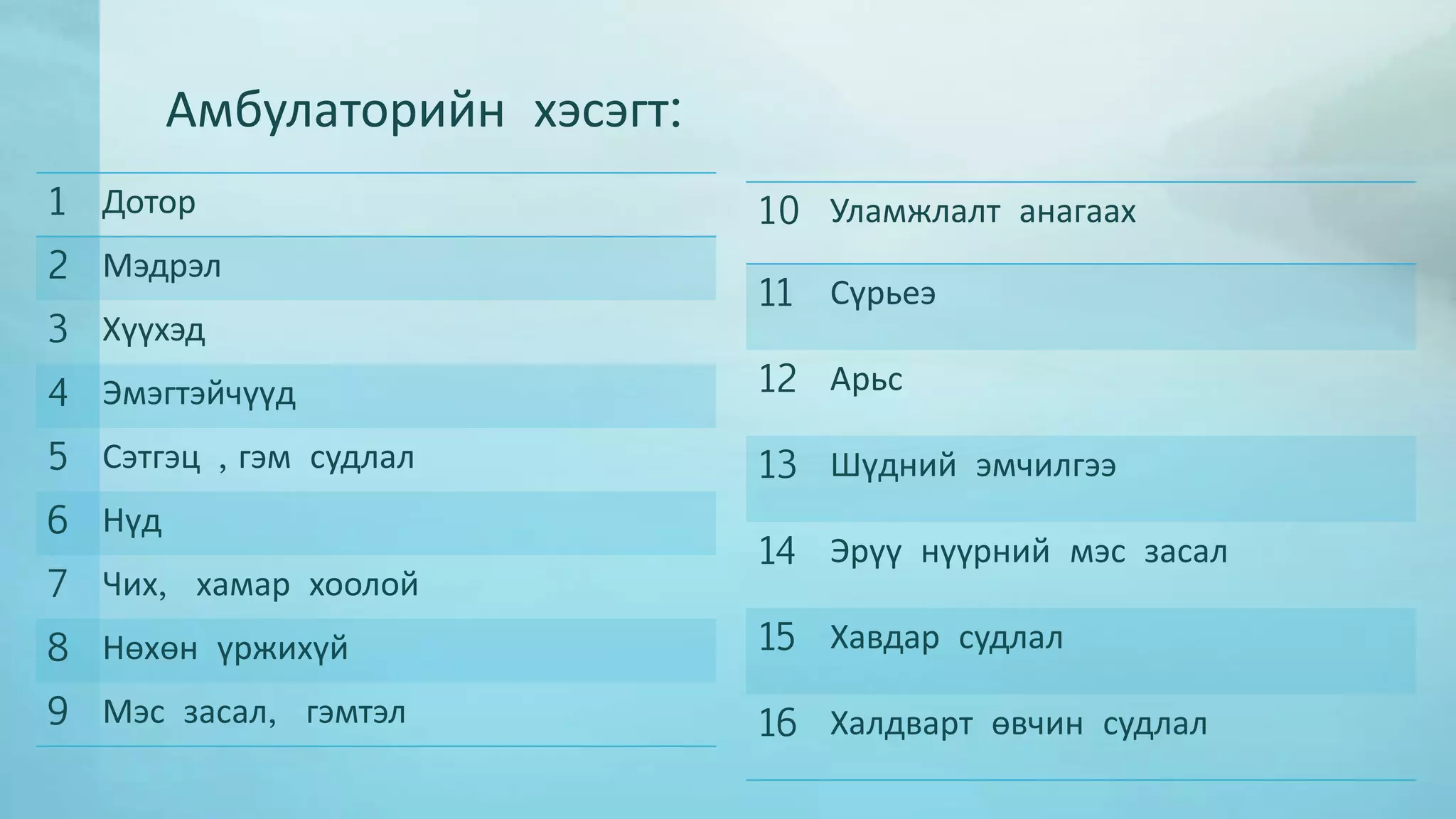 Амбулаторийн хэсэгт: 
1 Дотор 
2 Мэдрэл 
3 Хүүхэд 
4 Эмэгтэйчүүд 
5 Сэтгэц , гэм судлал 
6 Нүд 
7 Чих, хамар хоолой 
8 Нөхөн үржихүй 
9 Мэс засал, гэмтэл 
10 Уламжлалт анагаах 
11 Сүрьеэ 
12 Арьс 
13 Шүдний эмчилгээ 
14 Эрүү нүүрний мэс засал 
15 Хавдар судлал 
16 Халдварт өвчин судлал 
 