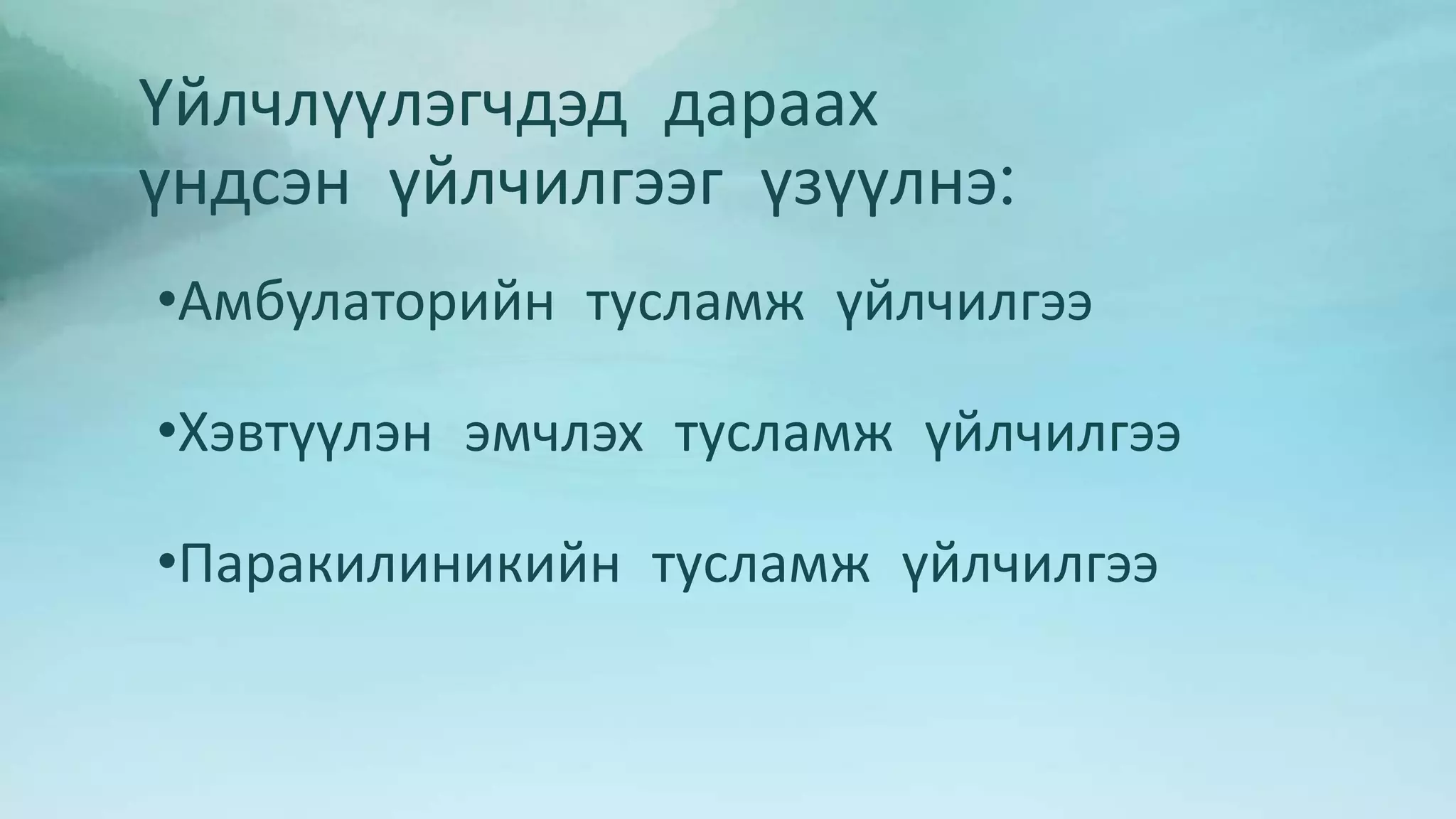 Үйлчлүүлэгчдэд дараах 
үндсэн үйлчилгээг үзүүлнэ: 
•Амбулаторийн тусламж үйлчилгээ 
•Хэвтүүлэн эмчлэх тусламж үйлчилгээ 
•Паракилиникийн тусламж үйлчилгээ 
 