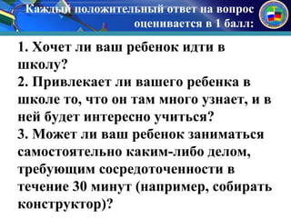 Каждый положительный ответ на вопрос 
оценивается в 1 балл: 
к 
1. Хочет ли ваш ребенок идти в 
школу? 
2. Привлекает ли вашего ребенка в 
школе то, что он там много узнает, и в 
ней будет интересно учиться? 
3. Может ли ваш ребенок заниматься 
самостоятельно каким-либо делом, 
требующим сосредоточенности в 
течение 30 минут (например, собирать 
конструктор)? 
 