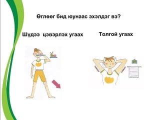 Өглөөг бид юунаас эхэлдэг вэ? 
Шүдээ цэвэрлэх угаах Толгой угаах 
 