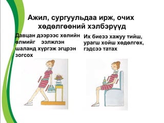 Ажил, сургуульдаа ирж, очих 
хөдөлгөөний хэлбэрүүд 
Давцан дээрээс хөлийн 
өлмийг ээлжлэн 
шаланд хүргэж эгцрэн 
зогсох 
Их биеээ хажуу тийш, 
урагш хойш хөдөлгөх, 
гэдсээ татах 
 