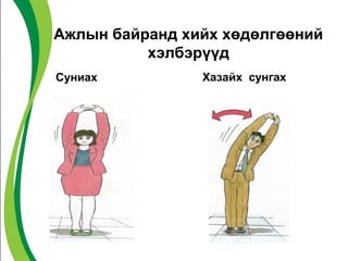 Ажлын байранд хийх хөдөлгөөний 
хэлбэрүүд 
Суниах Хазайх сунгах 
 