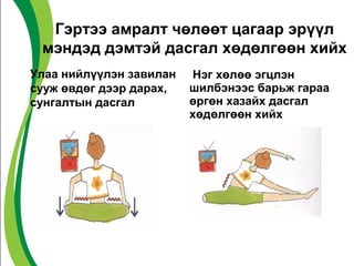 Гэртээ амралт чөлөөт цагаар эрүүл 
мэндэд дэмтэй дасгал хөдөлгөөн хийх 
Улаа нийлүүлэн завилан 
сууж өвдөг дээр дарах, 
сунгалтын дасгал 
Нэг хөлөө эгцлэн 
шилбэнээс барьж гараа 
өргөн хазайх дасгал 
хөдөлгөөн хийх 
 