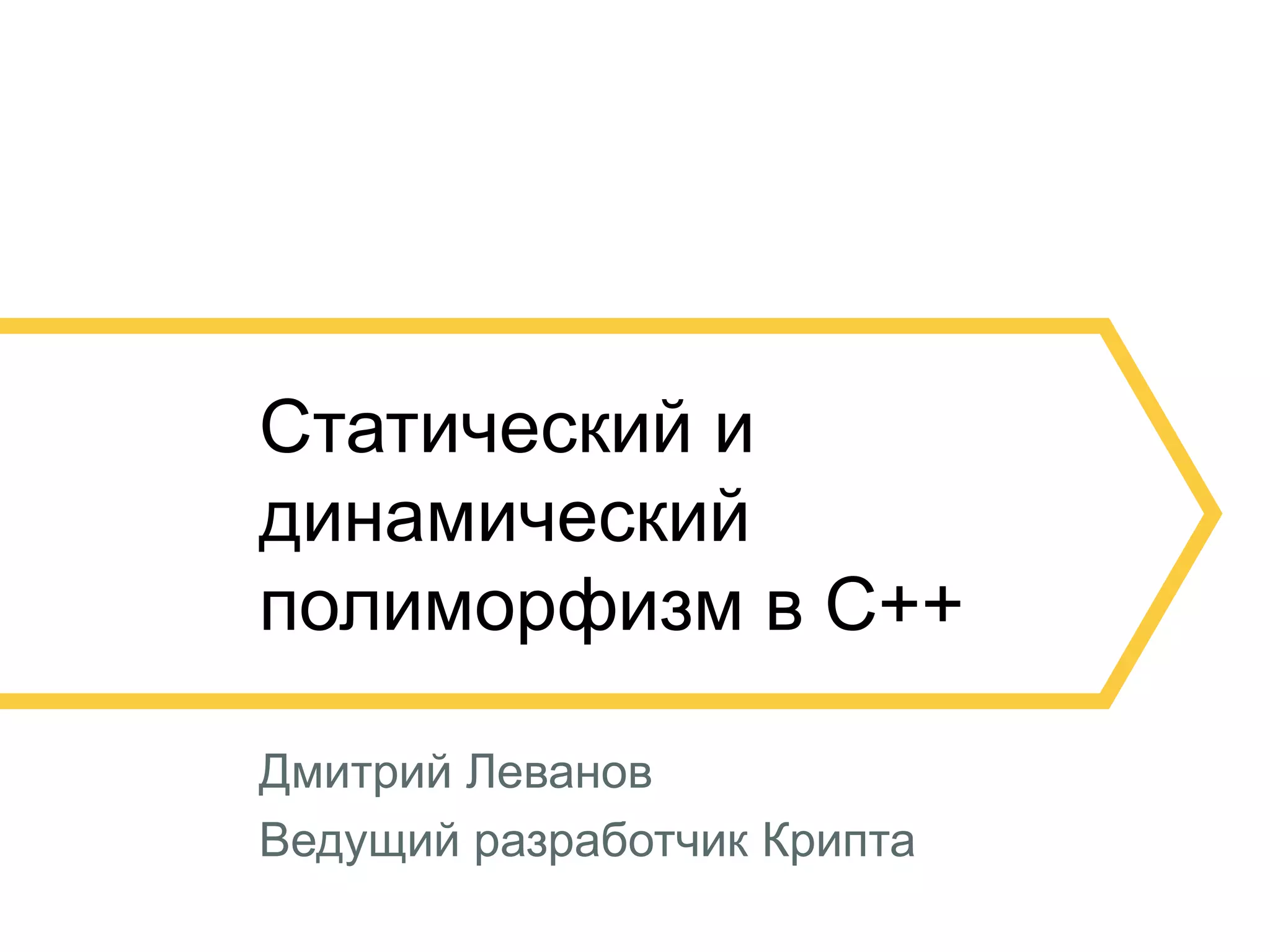 2 
Статический и 
динамический 
полиморфизм в C++ 
Дмитрий Леванов 
Ведущий разработчик Крипта 
 