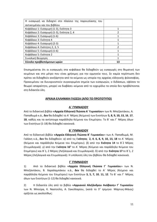 Η εισαγωγή να διδαχτεί στο πλαίσιο της παρουσίασης του
αντικειμένου και του βιβλίου
Κεφάλαιο 1: Εισαγωγή (1-3), Ενότητα 3 1
Κεφάλαιο 2: Εισαγωγή (1-3), Ενότητα 2, 4 2
Κεφάλαιο 3: Εισαγωγή (1-6) 1
Κεφάλαιο 3: Ενότητα 4 1
Κεφάλαιο 4: Εισαγωγή (2-3) 1
Κεφάλαιο 4: Ενότητες 2, 3, 5 2
Κεφάλαιο 5: Εισαγωγή (1-6) 1
Κεφάλαιο 5: Ενότητα 2 1
Συνολική θεώρηση 1
Σύνολο προβλεπόμενων ωρών 13
Επισημαίνεται ότι οι εισαγωγές στα κεφάλαια θα διδαχθούν ως εισαγωγές στη θεματική των
κειμένων και στο μέτρο που είναι χρήσιμες για την ερμηνεία τους. Σε καμία περίπτωση δεν
πρέπει να διδαχθούν ανεξάρτητα από τα κείμενα ως ιστορία της αρχαίας ελληνικής φιλοσοφίας.
Προκειμένου να διευκρινιστούν συγκεκριμένα σημεία των εισαγωγών, ο διδάσκων, εφόσον το
θεωρεί απαραίτητο, μπορεί να διαβάσει κείμενα από το εγχειρίδιο τα οποία δεν προβλέπονται
στη διδακτέα ύλη.
ΑΡΧΑΙΑ ΕΛΛΗΝΙΚΗ ΓΛΩΣΣΑ (ΑΠΟ ΤΟ ΠΡΩΤΟΤΥΠΟ)
Α΄ ΓΥΜΝΑΣΙΟΥ
Από το διδακτικό βιβλίο «Αρχαία Ελληνική Γλώσσα Α΄ Γυμνασίου» των Ν. Μπεζαντάκου, Α.
Παπαθωμά κ.ά., δεν θα διδαχθεί το Α΄ Μέρος (Κείμενο) των Ενοτήτων 5, 8, 9, 10, 13, 16, 17,
18, καθώς και τα αντίστοιχα παράλληλα Κείμενα του Επιμέτρου. Το Β΄ και Γ΄ Μέρος όλων
των Ενοτήτων (1-18) θα διδαχθεί κανονικά.
Β΄ ΓΥΜΝΑΣΙΟΥ
Από το διδακτικό βιβλίο «Αρχαία Ελληνική Γλώσσα Β΄ Γυμνασίου» των Α. Παπαθωμά, Μ.
Γαλάνη κ.ά., δεν θα διδαχθούν: α) από τις Ενότητες 2, 4, 6, 8, 9, 10, 13, 18 το Α΄ Μέρος
(Κείμενο και παράλληλα Κείμενα του Επιμέτρου). β) από την Ενότητα 14 το Β΄2 Μέρος
(Ετυμολογικά). γ) από την Ενότητα 16η
το Α΄ Μέρος (Κείμενο και παράλληλο Κείμενο του
Επιμέτρου) και Β΄1, 2 Μέρος (Λεξιλογικά και Ετυμολογικά). δ) από την Ενότητα 17 το Β΄1, 2
Μέρος (Λεξιλογικά και Ετυμολογικά). Η υπόλοιπη ύλη του βιβλίου θα διδαχθεί κανονικά.
Γ΄ ΓΥΜΝΑΣΙΟΥ
1) Από το διδακτικό βιβλίο «Αρχαία Ελληνική Γλώσσα Γ΄ Γυμνασίου» των Ν.
Μπεζαντάκου, Β. Χαραλαμπάκου κ.ά., δεν θα διδαχθεί το Α΄ Μέρος (Κείμενο και
παράλληλα Κείμενα του Επιμέτρου) των Ενοτήτων 3, 5, 7, 10, 11, 12. Το Β΄ και Γ΄ Μέρος
όλων των Ενοτήτων (1-12) θα διδαχθεί κανονικά.
2) Η διδακτέα ύλη από το βιβλίο «Αρριανού Αλεξάνδρου Ανάβαση» Γ΄ Γυμνασίου
των Ν. Μπούρα, Κ. Ναστούλη, Α. Σακελλαρίου, (κατά το 3ο
τρίμηνο: Μάρτιος-Μάιος)
ορίζεται ως ακολούθως:
11
 