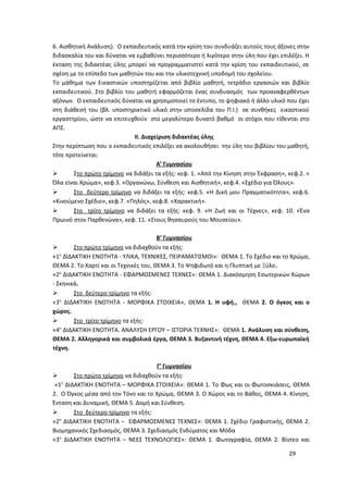 6. Αισθητική Ανάλυση). Ο εκπαιδευτικός κατά την κρίση του συνδυάζει αυτούς τους άξονες στην
διδασκαλία του και δύναται να εμβαθύνει περισσότερο ή λιγότερο στην ύλη που έχει επιλέξει. Η
έκταση της διδακτέας ύλης μπορεί να προγραμματιστεί κατά την κρίση του εκπαιδευτικού, σε
σχέση με το επίπεδο των μαθητών του και την υλικοτεχνική υποδομή του σχολείου.
Το μάθημα των Εικαστικών υποστηρίζεται από βιβλίο μαθητή, τετράδιο εργασιών και βιβλίο
εκπαιδευτικού. Στο βιβλίο του μαθητή εφαρμόζεται ένας συνδυασμός των προαναφερθέντων
αξόνων. Ο εκπαιδευτικός δύναται να χρησιμοποιεί το έντυπο, το ψηφιακό ή άλλο υλικό που έχει
στη διάθεσή του (βλ. υποστηρικτικό υλικό στην ιστοσελίδα του Π.Ι.) σε συνθήκες εικαστικού
εργαστηρίου, ώστε να επιτευχθούν στο μεγαλύτερο δυνατό βαθμό οι στόχοι που τίθενται στο
ΑΠΣ.
ΙΙ. Διαχείριση διδακτέας ύλης
Στην περίπτωση που ο εκπαιδευτικός επιλέξει να ακολουθήσει την ύλη του βιβλίου του μαθητή,
τότε προτείνεται:
Α’ Γυμνασίου
 Στο πρώτο τρίμηνο να διδάξει τα εξής: κεφ. 1. «Από την Κίνηση στην Έκφραση», κεφ.2. «
Όλα είναι Χρώμα», κεφ.3. «Οργανώνω, Σύνθεση και Αισθητική», κεφ.4. «Σχέδιο για Όλους».
 Στο δεύτερο τρίμηνο να διδάξει τα εξής: κεφ.5. «Η Δική μου Πραγματικότητα», κεφ.6.
«Κινούμενο Σχέδιο», κεφ.7. «Πηλός», κεφ.8. «Χαρακτική».
 Στο τρίτο τρίμηνο να διδάξει τα εξής: κεφ. 9. «H Zωή και οι Τέχνες», κεφ. 10. «Ένα
Πρωινό στον Παρθενώνα», κεφ. 11. «Στους θησαυρούς του Μουσείου».
Β’ Γυμνασίου
 Στο πρώτο τρίμηνο να διδαχθούν τα εξής:
«1η
ΔΙΔΑΚΤΙΚΗ ΕΝΟΤΗΤΑ - ΥΛΙΚΑ, ΤΕΧΝΙΚΕΣ, ΠΕΙΡΑΜΑΤΙΣΜΟΙ»: ΘΕΜΑ 1. Το Σχέδιο και το Χρώμα,
ΘΕΜΑ 2. Το Χαρτί και οι Τεχνικές του, ΘΕΜΑ 3. Το Ψηφιδωτό και η Γλυπτική με Ξύλο.
«2η
ΔΙΔΑΚΤΙΚΗ ΕΝΟΤΗΤΑ - ΕΦΑΡΜΟΣΜΕΝΕΣ ΤΕΧΝΕΣ»: ΘΕΜΑ 1. Διακόσμηση Εσωτερικών Χώρων
- Σκηνικά.
 Στο δεύτερο τρίμηνο τα εξής:
«3η
ΔΙΔΑΚΤΙΚΗ ΕΝΟΤΗΤΑ - ΜΟΡΦΙΚΑ ΣΤΟΙΧΕΙΑ», ΘΕΜΑ 1. Η υφή., ΘΕΜΑ 2. O όγκος και ο
χώρος.
 Στο τρίτο τρίμηνο τα εξής:
«4η
ΔΙΔΑΚΤΙΚΗ ΕΝΟΤΗΤΑ. ΑΝΑΛΥΣΗ ΕΡΓΟΥ – ΙΣΤΟΡΙΑ ΤΕΧΝΗΣ»: ΘΕΜΑ 1. Ανάλυση και σύνθεση,
ΘΕΜΑ 2. Αλληγορικά και συμβολικά έργα, ΘΕΜΑ 3. Βυζαντινή τέχνη, ΘΕΜΑ 4. Εξω-ευρωπαϊκή
τέχνη.
Γ’ Γυμνασίου
 Στο πρώτο τρίμηνο να διδαχθούν τα εξής:
«1η
ΔΙΔΑΚΤΙΚΗ ΕΝΟΤΗΤΑ – ΜΟΡΦΙΚΑ ΣΤΟΙΧΕΙΑ»: ΘΕΜΑ 1. Το Φως και οι Φωτοσκιάσεις, ΘΕΜΑ
2. Ο Όγκος μέσα από τον Τόνο και το Χρώμα, ΘΕΜΑ 3. Ο Χώρος και το Βάθος, ΘΕΜΑ 4. Κίνηση,
Ένταση και Δυναμική, ΘΕΜΑ 5. Δομή και Σύνθεση.
 Στο δεύτερο τρίμηνο τα εξής:
«2η
ΔΙΔΑΚΤΙΚΗ ΕΝΟΤΗΤΑ – ΕΦΑΡΜΟΣΜΕΝΕΣ ΤΕΧΝΕΣ»: ΘΕΜΑ 1. Σχέδιο Γραφιστικής, ΘΕΜΑ 2.
Βιομηχανικός Σχεδιασμός, ΘΕΜΑ 3. Σχεδιασμός Ενδύματος και Μόδα
«3η
ΔΙΔΑΚΤΙΚΗ ΕΝΟΤΗΤΑ – ΝΕΕΣ ΤΕΧΝΟΛΟΓΙΕΣ»: ΘΕΜΑ 1. Φωτογραφία, ΘΕΜΑ 2. Βίντεο και
29
 