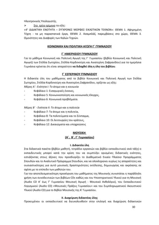 Ηλεκτρονικός Υπολογιστής.
 Στο τρίτο τρίμηνο τα εξής:
«4η
ΔΙΔΑΚΤΙΚΗ ΕΝΟΤΗΤΑ – ΣΥΓΧΡΟΝΕΣ ΜΟΡΦΕΣ ΕΙΚΑΣΤΙΚΩΝ ΤΕΧΝΩΝ»: ΘΕΜΑ 1. Αφηρημένη
Τέχνη - τα μη παραστατικά έργα, ΘΕΜΑ 2. Ασαμπλάζ, παρεμβάσεις στο χώρο, ΘΕΜΑ 3.
Ομοιότητες και Διαφορές των Καλών Τεχνών.
ΚΟΙΝΩΝΙΚΗ ΚΑΙ ΠΟΛΙΤΙΚΗ ΑΓΩΓΗ Γ΄ ΓΥΜΝΑΣΙΟΥ
Γ΄ ΗΜΕΡΗΣΙΟΥ ΓΥΜΝΑΣΙΟΥ
Για το μάθημα Κοινωνική και Πολιτική Αγωγή της Γ΄ Γυμνασίου (βιβλίο Κοινωνική και Πολιτική
Αγωγή) των Στέλλα Σωτηρίου, Στέλλα Κορδονούρη και Αικατερίνη Ζαφρανίδου) για τα ημερήσια
Γυμνάσια κρίνεται ότι είναι απαραίτητο να διδαχθεί όλη η ύλη του βιβλίου.
Γ΄ ΕΣΠΕΡΙΝΟΥ ΓΥΜΝΑΣΙΟΥ
Η διδακτέα ύλη του μαθήματος από το βιβλίο Κοινωνική και Πολιτική Αγωγή των Στέλλα
Σωτηρίου, Στέλλα Κορδονούρη και Αικατερίνη Ζαφρανίδου, ορίζεται ως εξής:
Μέρος Α΄- Ενότητα Ι: Το άτομο και η κοινωνία
- Κεφάλαιο 1: Εισαγωγικές έννοιες,
- Κεφάλαιο 5: Κοινωνικοποίηση και κοινωνικός έλεγχος,
- Κεφάλαιο 6: Κοινωνικά προβλήματα.
Μέρος Β΄ - Ενότητα ΙΙ: Το άτομο και η πολιτεία
- Κεφάλαιο 7: Το άτομο και η πολιτεία,
- Κεφάλαιο 8: Τα πολιτεύματα και το Σύνταγμα,
- Κεφάλαιο 10: Οι λειτουργίες του κράτους,
- Κεφάλαιο 12: Δικαιώματα και υποχρεώσεις
ΜΟΥΣΙΚΗ
(Α΄, Β΄, Γ΄ Γυμνασίου)
Ι. Διδακτέα ύλη
Στα διδακτικά πακέτα (βιβλίο μαθητή, τετράδιο εργασιών και βιβλίο εκπαιδευτικού ανά τάξη) ο
εκπαιδευτικός μπορεί κατά την κρίση του να συμπτύξει ορισμένες διδακτικές ενότητες,
εστιάζοντας στους άξονες που προσδιορίζει το Διαθεματικό Ενιαίο Πλαίσιο Προγράμματος
Σπουδών και το Αναλυτικό Πρόγραμμα Σπουδών, και να ολοκληρώνει κυρίως τις απαραίτητες και
ουσιαστικότερες για αυτό μουσικές δραστηριότητες εκτέλεσης, δημιουργίας και ακρόασης σε
σχέση με το επίπεδο των μαθητών του.
Για την αποτελεσματικότερη προσέγγιση του μαθήματος της Μουσικής συνιστάται η παράλληλη
χρήση των συνοδευτικών των βιβλίων CDs καθώς και του Υποστηρικτικού Υλικού για τη Μουσική
(Audio CD A’ έως Γ’ Γυμνασίου Μουσική Αγωγή - Μουσικό Ανθολόγιο), του Εκπαιδευτικού
Λογισμικού (Audio CD) «Μουσικές Πράξεις Γυμνασίου» και του Συμπληρωματικού Ακουστικού
Υλικού (Audio CD) για το Βιβλίο Μουσικής της Α’ Γυμνασίου.
ΙΙ. Διαχείριση διδακτέας ύλης
Προκειμένου οι εκπαιδευτικοί να διευκολυνθούν στην επιλογή και διαχείριση διδακτικών
30
 