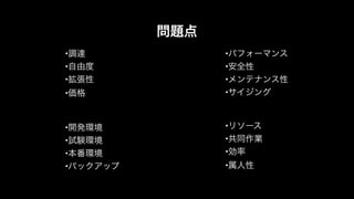 •調達!
•自由度!
•拡張性!
•価格 
 
•開発環境!
•試験環境!
•本番環境!
•バックアップ!
!
!
•パフォーマンス!
•安全性!
•メンテナンス性!
•サイジング!
!
!
•リソース!
•共同作業!
•効率!
•属人性 
 
問題点
 