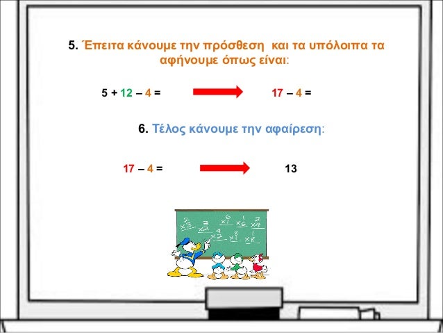 5. Έπειτα κάνουμε την πρόσθεση και τα υπόλοιπα τα 
αφήνουμε όπως είναι: 
5 + 12 – 4 = 17 – 4 = 
6. Τέλος κάνουμε την αφαίρ...