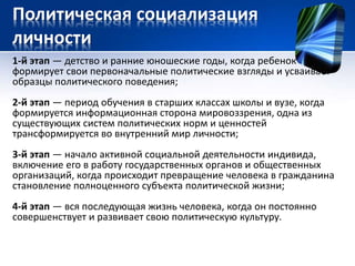 Политическая социализация 
личности 
1-й этап — детство и ранние юношеские годы, когда ребенок 
формирует свои первоначальные политические взгляды и усваивает 
образцы политического поведения; 
2-й этап — период обучения в старших классах школы и вузе, когда 
формируется информационная сторона мировоззрения, одна из 
существующих систем политических норм и ценностей 
трансформируется во внутренний мир личности; 
3-й этап — начало активной социальной деятельности индивида, 
включение его в работу государственных органов и общественных 
организаций, когда происходит превращение человека в гражданина 
становление полноценного субъекта политической жизни; 
4-й этап — вся последующая жизнь человека, когда он постоянно 
совершенствует и развивает свою политическую культуру. 
 