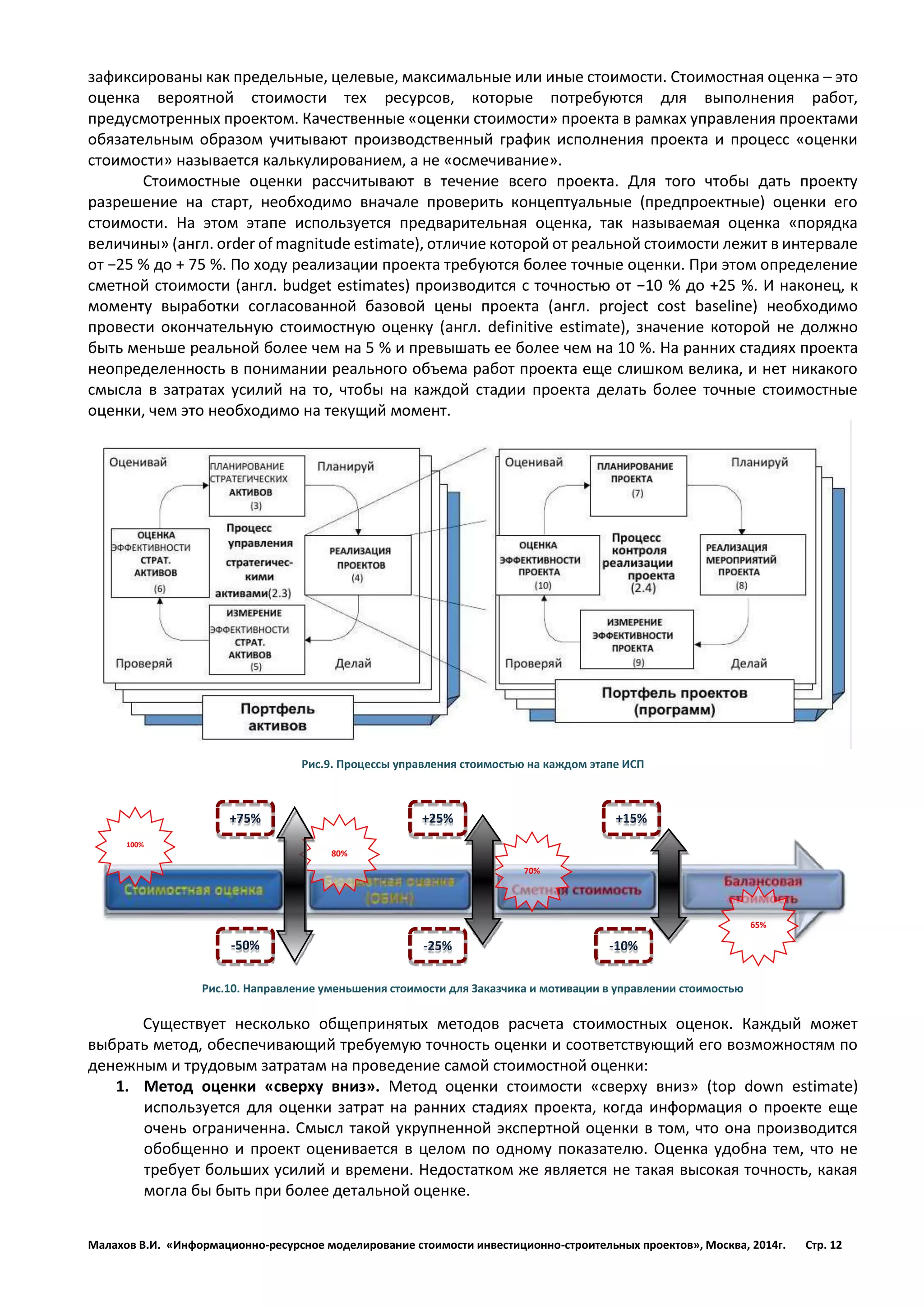 Малахов В.И. «Информационно-ресурсное моделирование стоимости инвестиционно-строительных проектов», Москва, 2014г. Стр. 12 
зафиксированы как предельные, целевые, максимальные или иные стоимости. Стоимостная оценка – это оценка вероятной стоимости тех ресурсов, которые потребуются для выполнения работ, предусмотренных проектом. Качественные «оценки стоимости» проекта в рамках управления проектами обязательным образом учитывают производственный график исполнения проекта и процесс «оценки стоимости» называется калькулированием, а не «осмечивание». 
Стоимостные оценки рассчитывают в течение всего проекта. Для того чтобы дать проекту разрешение на старт, необходимо вначале проверить концептуальные (предпроектные) оценки его стоимости. На этом этапе используется предварительная оценка, так называемая оценка «порядка величины» (англ. order of magnitude estimate), отличие которой от реальной стоимости лежит в интервале от −25 % до + 75 %. По ходу реализации проекта требуются более точные оценки. При этом определение сметной стоимости (англ. budget estimates) производится с точностью от −10 % до +25 %. И наконец, к моменту выработки согласованной базовой цены проекта (англ. project cost baseline) необходимо провести окончательную стоимостную оценку (англ. definitive estimate), значение которой не должно быть меньше реальной более чем на 5 % и превышать ее более чем на 10 %. На ранних стадиях проекта неопределенность в понимании реального объема работ проекта еще слишком велика, и нет никакого смысла в затратах усилий на то, чтобы на каждой стадии проекта делать более точные стоимостные оценки, чем это необходимо на текущий момент. 
Рис.9. Процессы управления стоимостью на каждом этапе ИСП 
Рис.10. Направление уменьшения стоимости для Заказчика и мотивации в управлении стоимостью 
Существует несколько общепринятых методов расчета стоимостных оценок. Каждый может выбрать метод, обеспечивающий требуемую точность оценки и соответствующий его возможностям по денежным и трудовым затратам на проведение самой стоимостной оценки: 
1. Метод оценки «сверху вниз». Метод оценки стоимости «сверху вниз» (top down estimate) используется для оценки затрат на ранних стадиях проекта, когда информация о проекте еще очень ограниченна. Смысл такой укрупненной экспертной оценки в том, что она производится обобщенно и проект оценивается в целом по одному показателю. Оценка удобна тем, что не требует больших усилий и времени. Недостатком же является не такая высокая точность, какая могла бы быть при более детальной оценке. 
100% 
65% 
70% 
80% 
+75% 
-50% 
+25% 
-25% 
+15% 
-10%  