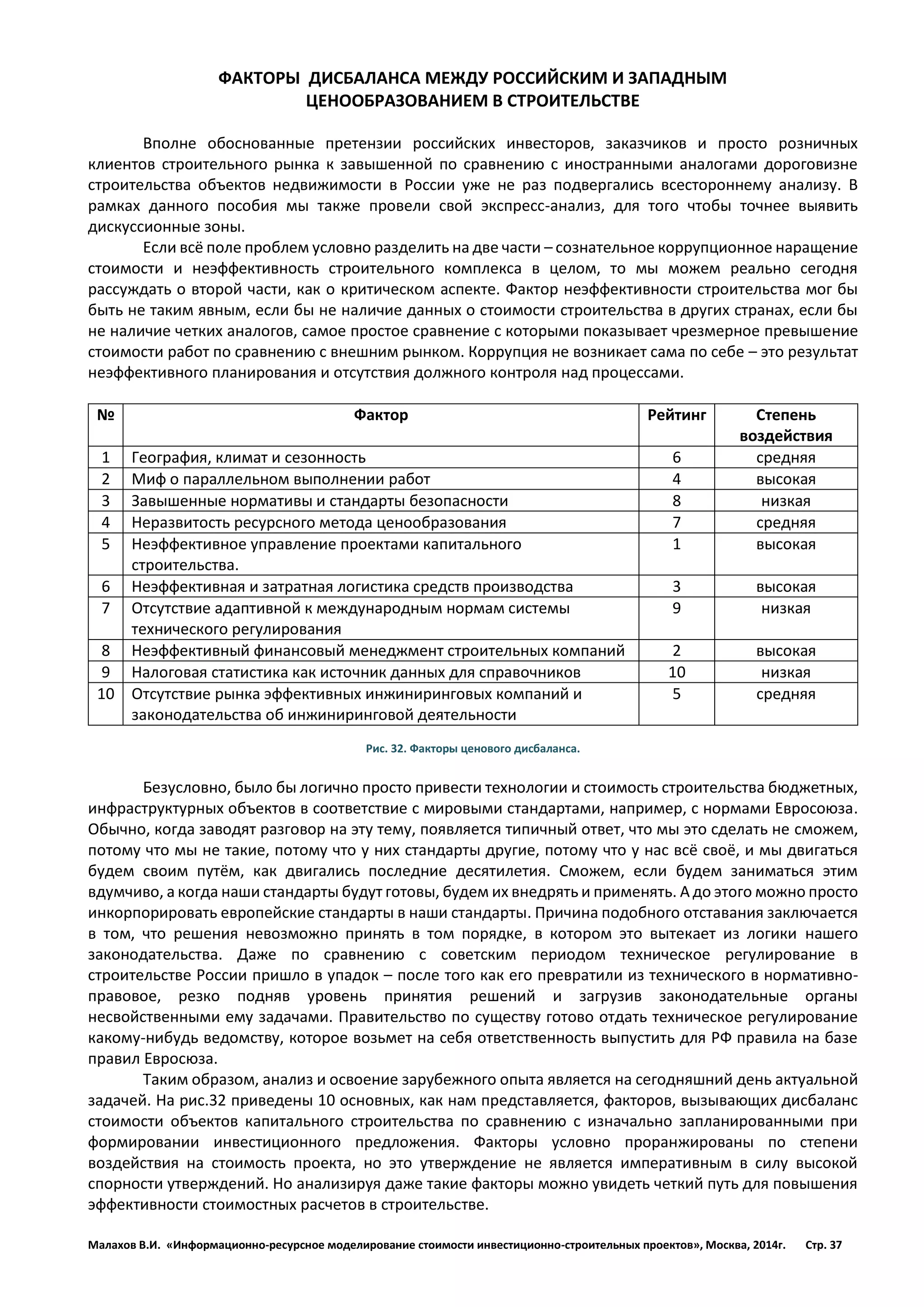 Малахов В.И. «Информационно-ресурсное моделирование стоимости инвестиционно-строительных проектов», Москва, 2014г. Стр. 37 
ФАКТОРЫ ДИСБАЛАНСА МЕЖДУ РОССИЙСКИМ И ЗАПАДНЫМ 
ЦЕНООБРАЗОВАНИЕМ В СТРОИТЕЛЬСТВЕ 
Вполне обоснованные претензии российских инвесторов, заказчиков и просто розничных клиентов строительного рынка к завышенной по сравнению с иностранными аналогами дороговизне строительства объектов недвижимости в России уже не раз подвергались всестороннему анализу. В рамках данного пособия мы также провели свой экспресс-анализ, для того чтобы точнее выявить дискуссионные зоны. 
Если всё поле проблем условно разделить на две части – сознательное коррупционное наращение стоимости и неэффективность строительного комплекса в целом, то мы можем реально сегодня рассуждать о второй части, как о критическом аспекте. Фактор неэффективности строительства мог бы быть не таким явным, если бы не наличие данных о стоимости строительства в других странах, если бы не наличие четких аналогов, самое простое сравнение с которыми показывает чрезмерное превышение стоимости работ по сравнению с внешним рынком. Коррупция не возникает сама по себе – это результат неэффективного планирования и отсутствия должного контроля над процессами. 
№ 
Фактор 
Рейтинг 
Степень воздействия 
1 
География, климат и сезонность 
6 
средняя 
2 
Миф о параллельном выполнении работ 
4 
высокая 
3 
Завышенные нормативы и стандарты безопасности 
8 
низкая 
4 
Неразвитость ресурсного метода ценообразования 
7 
средняя 
5 
Неэффективное управление проектами капитального строительства. 
1 
высокая 
6 
Неэффективная и затратная логистика средств производства 
3 
высокая 
7 
Отсутствие адаптивной к международным нормам системы технического регулирования 
9 
низкая 
8 
Неэффективный финансовый менеджмент строительных компаний 
2 
высокая 
9 
Налоговая статистика как источник данных для справочников 
10 
низкая 
10 
Отсутствие рынка эффективных инжиниринговых компаний и законодательства об инжиниринговой деятельности 
5 
средняя 
Рис. 32. Факторы ценового дисбаланса. 
Безусловно, было бы логично просто привести технологии и стоимость строительства бюджетных, инфраструктурных объектов в соответствие с мировыми стандартами, например, с нормами Евросоюза. Обычно, когда заводят разговор на эту тему, появляется типичный ответ, что мы это сделать не сможем, потому что мы не такие, потому что у них стандарты другие, потому что у нас всё своё, и мы двигаться будем своим путём, как двигались последние десятилетия. Сможем, если будем заниматься этим вдумчиво, а когда наши стандарты будут готовы, будем их внедрять и применять. А до этого можно просто инкорпорировать европейские стандарты в наши стандарты. Причина подобного отставания заключается в том, что решения невозможно принять в том порядке, в котором это вытекает из логики нашего законодательства. Даже по сравнению с советским периодом техническое регулирование в строительстве России пришло в упадок – после того как его превратили из технического в нормативно- правовое, резко подняв уровень принятия решений и загрузив законодательные органы несвойственными ему задачами. Правительство по существу готово отдать техническое регулирование какому-нибудь ведомству, которое возьмет на себя ответственность выпустить для РФ правила на базе правил Евросюза. 
Таким образом, анализ и освоение зарубежного опыта является на сегодняшний день актуальной задачей. На рис.32 приведены 10 основных, как нам представляется, факторов, вызывающих дисбаланс стоимости объектов капитального строительства по сравнению с изначально запланированными при формировании инвестиционного предложения. Факторы условно проранжированы по степени воздействия на стоимость проекта, но это утверждение не является императивным в силу высокой спорности утверждений. Но анализируя даже такие факторы можно увидеть четкий путь для повышения эффективности стоимостных расчетов в строительстве. 
 