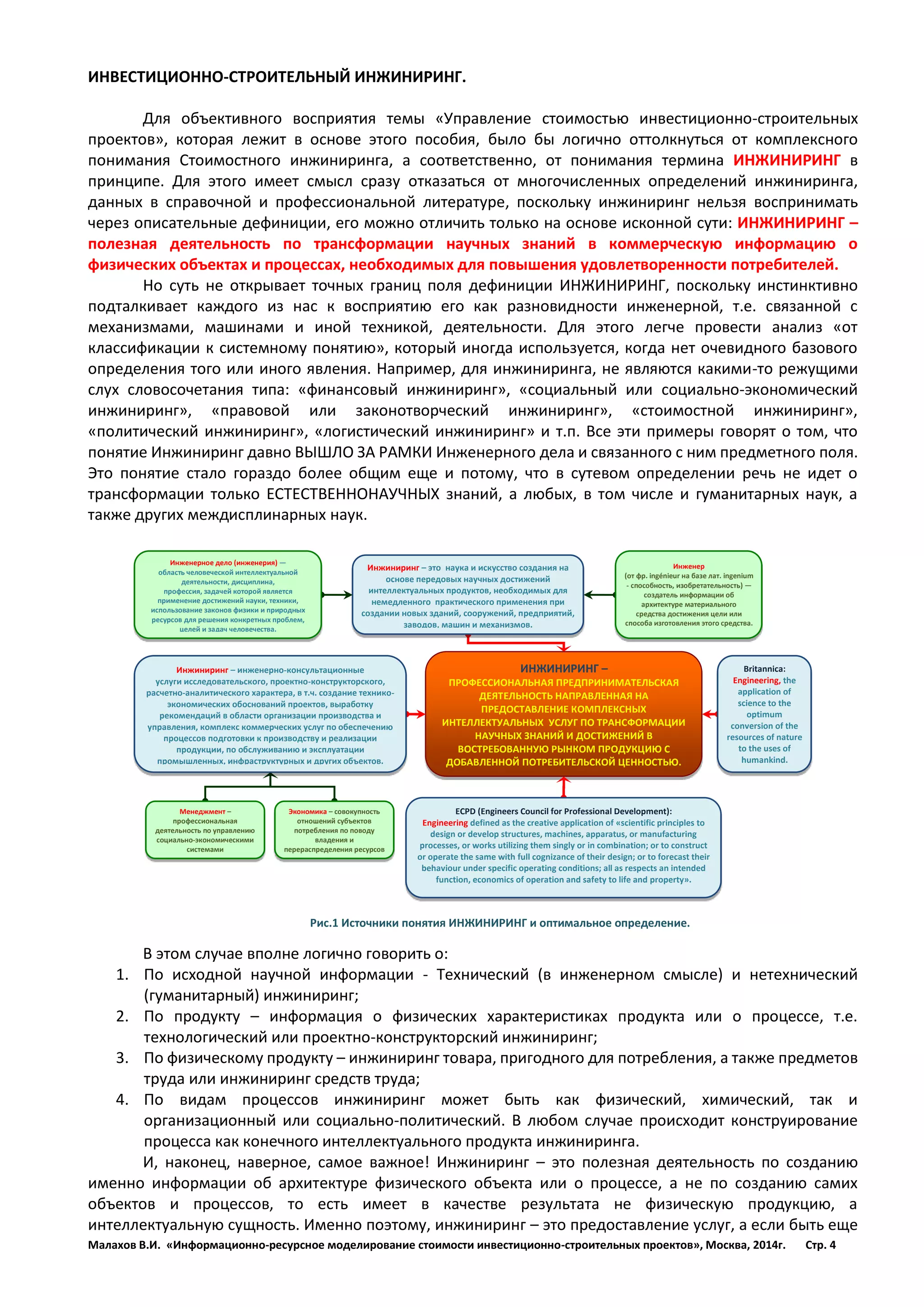 Малахов В.И. «Информационно-ресурсное моделирование стоимости инвестиционно-строительных проектов», Москва, 2014г. Стр. 4 
ИНВЕСТИЦИОННО-СТРОИТЕЛЬНЫЙ ИНЖИНИРИНГ. 
Для объективного восприятия темы «Управление стоимостью инвестиционно-строительных проектов», которая лежит в основе этого пособия, было бы логично оттолкнуться от комплексного понимания Стоимостного инжиниринга, а соответственно, от понимания термина ИНЖИНИРИНГ в принципе. Для этого имеет смысл сразу отказаться от многочисленных определений инжиниринга, данных в справочной и профессиональной литературе, поскольку инжиниринг нельзя воспринимать через описательные дефиниции, его можно отличить только на основе исконной сути: ИНЖИНИРИНГ – полезная деятельность по трансформации научных знаний в коммерческую информацию о физических объектах и процессах, необходимых для повышения удовлетворенности потребителей. 
Но суть не открывает точных границ поля дефиниции ИНЖИНИРИНГ, поскольку инстинктивно подталкивает каждого из нас к восприятию его как разновидности инженерной, т.е. связанной с механизмами, машинами и иной техникой, деятельности. Для этого легче провести анализ «от классификации к системному понятию», который иногда используется, когда нет очевидного базового определения того или иного явления. Например, для инжиниринга, не являются какими-то режущими слух словосочетания типа: «финансовый инжиниринг», «социальный или социально-экономический инжиниринг», «правовой или законотворческий инжиниринг», «стоимостной инжиниринг», «политический инжиниринг», «логистический инжиниринг» и т.п. Все эти примеры говорят о том, что понятие Инжиниринг давно ВЫШЛО ЗА РАМКИ Инженерного дела и связанного с ним предметного поля. Это понятие стало гораздо более общим еще и потому, что в сутевом определении речь не идет о трансформации только ЕСТЕСТВЕННОНАУЧНЫХ знаний, а любых, в том числе и гуманитарных наук, а также других междисплинарных наук. 
В этом случае вполне логично говорить о: 
1. По исходной научной информации - Технический (в инженерном смысле) и нетехнический (гуманитарный) инжиниринг; 
2. По продукту – информация о физических характеристиках продукта или о процессе, т.е. технологический или проектно-конструкторский инжиниринг; 
3. По физическому продукту – инжиниринг товара, пригодного для потребления, а также предметов труда или инжиниринг средств труда; 
4. По видам процессов инжиниринг может быть как физический, химический, так и организационный или социально-политический. В любом случае происходит конструирование процесса как конечного интеллектуального продукта инжиниринга. 
И, наконец, наверное, самое важное! Инжиниринг – это полезная деятельность по созданию именно информации об архитектуре физического объекта или о процессе, а не по созданию самих объектов и процессов, то есть имеет в качестве результата не физическую продукцию, а интеллектуальную сущность. Именно поэтому, инжиниринг – это предоставление услуг, а если быть еще 
ИНЖИНИРИНГ – 
ПРОФЕССИОНАЛЬНАЯ ПРЕДПРИНИМАТЕЛЬСКАЯ ДЕЯТЕЛЬНОСТЬ НАПРАВЛЕННАЯ НА ПРЕДОСТАВЛЕНИЕ КОМПЛЕКСНЫХ ИНТЕЛЛЕКТУАЛЬНЫХ УСЛУГ ПО ТРАНСФОРМАЦИИ НАУЧНЫХ ЗНАНИЙ И ДОСТИЖЕНИЙ В ВОСТРЕБОВАННУЮ РЫНКОМ ПРОДУКЦИЮ С ДОБАВЛЕННОЙ ПОТРЕБИТЕЛЬСКОЙ ЦЕННОСТЬЮ. 
Инжиниринг – это наука и искусство создания на основе передовых научных достижений интеллектуальных продуктов, необходимых для немедленного практического применения при создании новых зданий, сооружений, предприятий, заводов, машин и механизмов. 
Экономика – совокупность отношений субъектов потребления по поводу владения и перераспределения ресурсов 
Инжиниринг – инженерно-консультационные 
услуги исследовательского, проектно-конструкторского, расчетно-аналитического характера, в т.ч. создание технико- экономических обоснований проектов, выработку рекомендаций в области организации производства и управления, комплекс коммерческих услуг по обеспечению процессов подготовки к производству и реализации продукции, по обслуживанию и эксплуатации промышленных, инфраструктурных и других объектов. 
Britannica: 
Engineering, the application of science to the optimum conversion of the resources of nature to the uses of humankind. 
ECPD (Engineers Council for Professional Development): 
Engineering defined as the creative application of «scientific principles to design or develop structures, machines, apparatus, or manufacturing processes, or works utilizing them singly or in combination; or to construct or operate the same with full cognizance of their design; or to forecast their behaviour under specific operating conditions; all as respects an intended function, economics of operation and safety to life and property». 
Инженер 
(от фр. ingénieur на базе лат. ingenium - способность, изобретательность) — создатель информации об архитектуре материального 
средства достижения цели или способа изготовления этого средства. 
Менеджмент – профессиональная деятельность по управлению социально-экономическими системами 
Инженерное дело (инженерия) — 
область человеческой интеллектуальной деятельности, дисциплина, 
профессия, задачей которой является применение достижений науки, техники, использование законов физики и природных ресурсов для решения конкретных проблем, целей и задач человечества. 
Рис.1 Источники понятия ИНЖИНИРИНГ и оптимальное определение.  