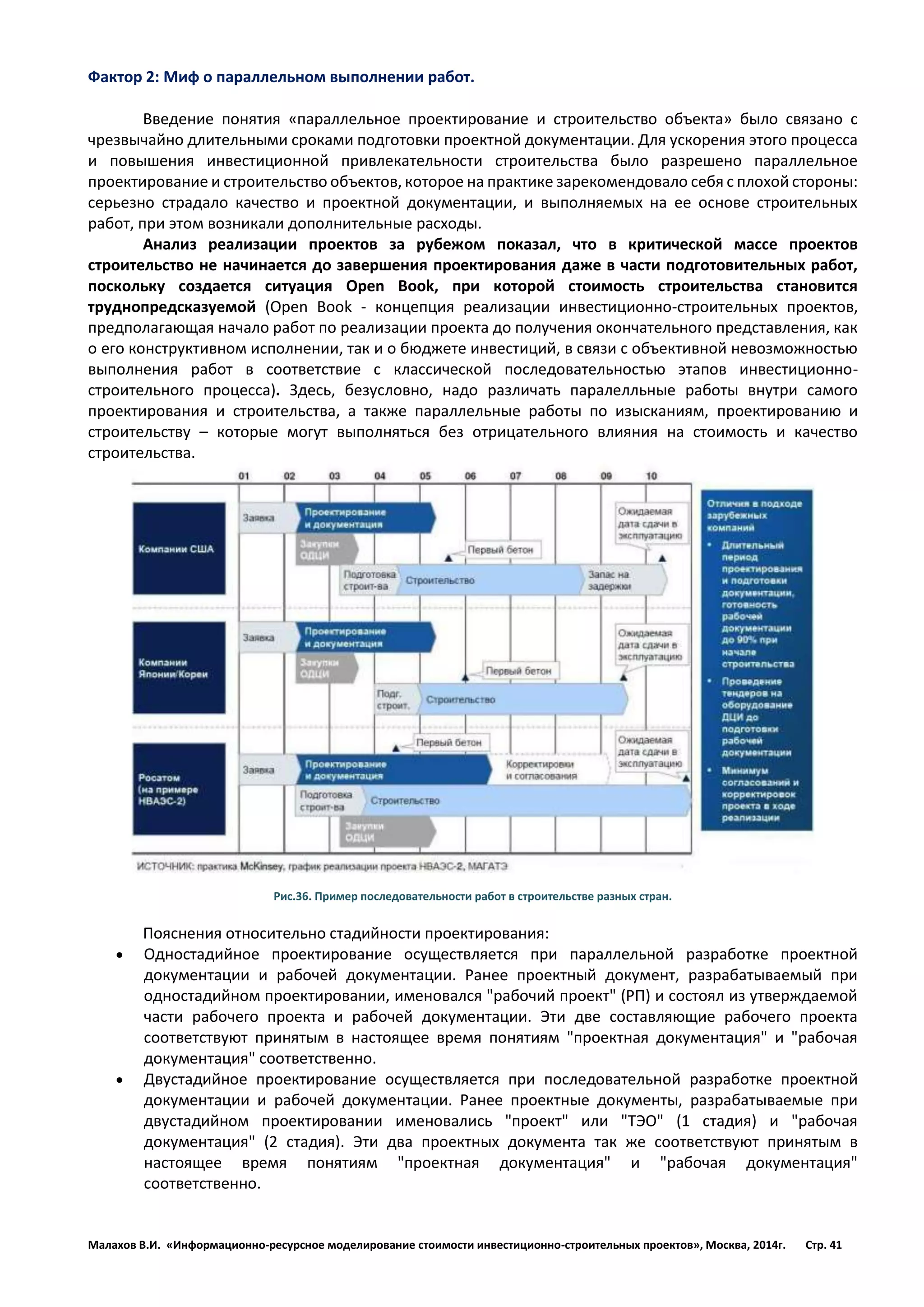 Малахов В.И. «Информационно-ресурсное моделирование стоимости инвестиционно-строительных проектов», Москва, 2014г. Стр. 41 
Фактор 2: Миф о параллельном выполнении работ. 
Введение понятия «параллельное проектирование и строительство объекта» было связано с чрезвычайно длительными сроками подготовки проектной документации. Для ускорения этого процесса и повышения инвестиционной привлекательности строительства было разрешено параллельное проектирование и строительство объектов, которое на практике зарекомендовало себя с плохой стороны: серьезно страдало качество и проектной документации, и выполняемых на ее основе строительных работ, при этом возникали дополнительные расходы. 
Анализ реализации проектов за рубежом показал, что в критической массе проектов строительство не начинается до завершения проектирования даже в части подготовительных работ, поскольку создается ситуация Open Book, при которой стоимость строительства становится труднопредсказуемой (Open Book - концепция реализации инвестиционно-строительных проектов, предполагающая начало работ по реализации проекта до получения окончательного представления, как о его конструктивном исполнении, так и о бюджете инвестиций, в связи с объективной невозможностью выполнения работ в соответствие с классической последовательностью этапов инвестиционно- строительного процесса). Здесь, безусловно, надо различать паралелльные работы внутри самого проектирования и строительства, а также параллельные работы по изысканиям, проектированию и строительству – которые могут выполняться без отрицательного влияния на стоимость и качество строительства. 
Рис.36. Пример последовательности работ в строительстве разных стран. 
Пояснения относительно стадийности проектирования: 
 Одностадийное проектирование осуществляется при параллельной разработке проектной документации и рабочей документации. Ранее проектный документ, разрабатываемый при одностадийном проектировании, именовался "рабочий проект" (РП) и состоял из утверждаемой части рабочего проекта и рабочей документации. Эти две составляющие рабочего проекта соответствуют принятым в настоящее время понятиям "проектная документация" и "рабочая документация" соответственно. 
 Двустадийное проектирование осуществляется при последовательной разработке проектной документации и рабочей документации. Ранее проектные документы, разрабатываемые при двустадийном проектировании именовались "проект" или "ТЭО" (1 стадия) и "рабочая документация" (2 стадия). Эти два проектных документа так же соответствуют принятым в настоящее время понятиям "проектная документация" и "рабочая документация" соответственно.  