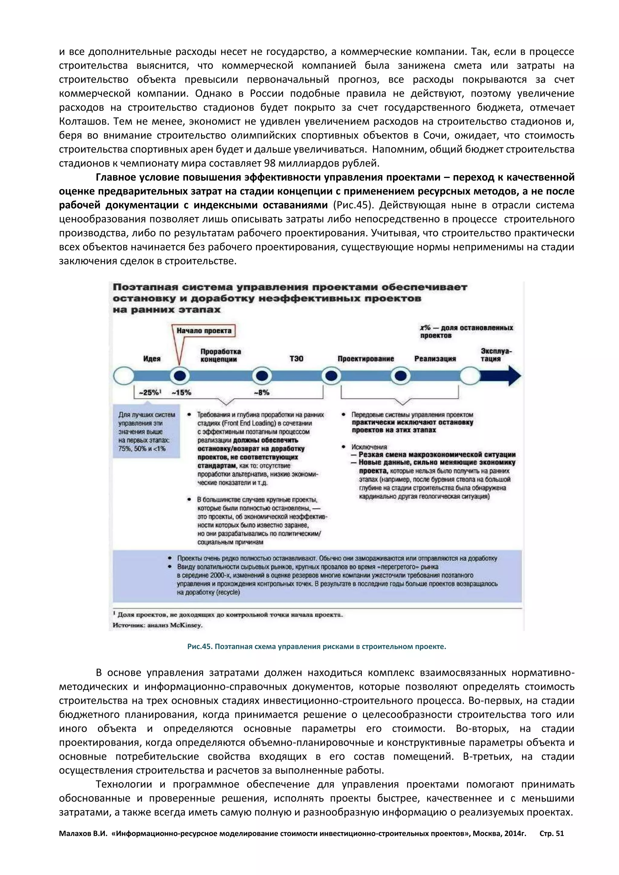 Малахов В.И. «Информационно-ресурсное моделирование стоимости инвестиционно-строительных проектов», Москва, 2014г. Стр. 51 
и все дополнительные расходы несет не государство, а коммерческие компании. Так, если в процессе строительства выяснится, что коммерческой компанией была занижена смета или затраты на строительство объекта превысили первоначальный прогноз, все расходы покрываются за счет коммерческой компании. Однако в России подобные правила не действуют, поэтому увеличение расходов на строительство стадионов будет покрыто за счет государственного бюджета, отмечает Колташов. Тем не менее, экономист не удивлен увеличением расходов на строительство стадионов и, беря во внимание строительство олимпийских спортивных объектов в Сочи, ожидает, что стоимость строительства спортивных арен будет и дальше увеличиваться. Напомним, общий бюджет строительства стадионов к чемпионату мира составляет 98 миллиардов рублей. 
Главное условие повышения эффективности управления проектами – переход к качественной оценке предварительных затрат на стадии концепции с применением ресурсных методов, а не после рабочей документации с индексными оставаниями (Рис.45). Действующая ныне в отрасли система ценообразования позволяет лишь описывать затраты либо непосредственно в процессе cтроительного производства, либо по результатам рабочего проектирования. Учитывая, что строительство практически всех объектов начинается без рабочего проектирования, существующие нормы неприменимы на стадии заключения сделок в строительстве. 
Рис.45. Поэтапная схема управления рисками в строительном проекте. 
В основе управления затратами должен находиться комплекс взаимосвязанных нормативно- методических и информационно-справочных документов, которые позволяют определять стоимость строительства на трех основных стадиях инвестиционно-строительного процесса. Во-первых, на стадии бюджетного планирования, когда принимается решение о целесообразности строительства того или иного объекта и определяются основные параметры его стоимости. Во-вторых, на стадии проектирования, когда определяются объемно-планировочные и конструктивные параметры объекта и основные потребительские свойства входящих в его состав помещений. В-третьих, на стадии осуществления строительства и расчетов за выполненные работы. 
Технологии и программное обеспечение для управления проектами помогают принимать обоснованные и проверенные решения, исполнять проекты быстрее, качественнее и с меньшими затратами, а также всегда иметь самую полную и разнообразную информацию о реализуемых проектах.  